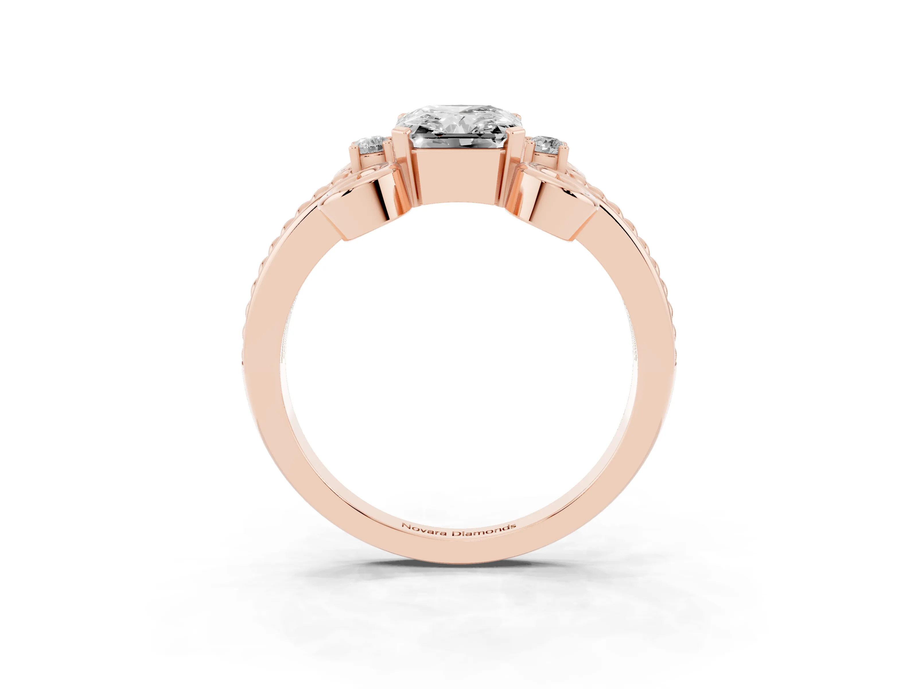 Radiant Cut Diamond Twisted Band Solitaire Ring Set in Rose gold with Scroll Prongs
