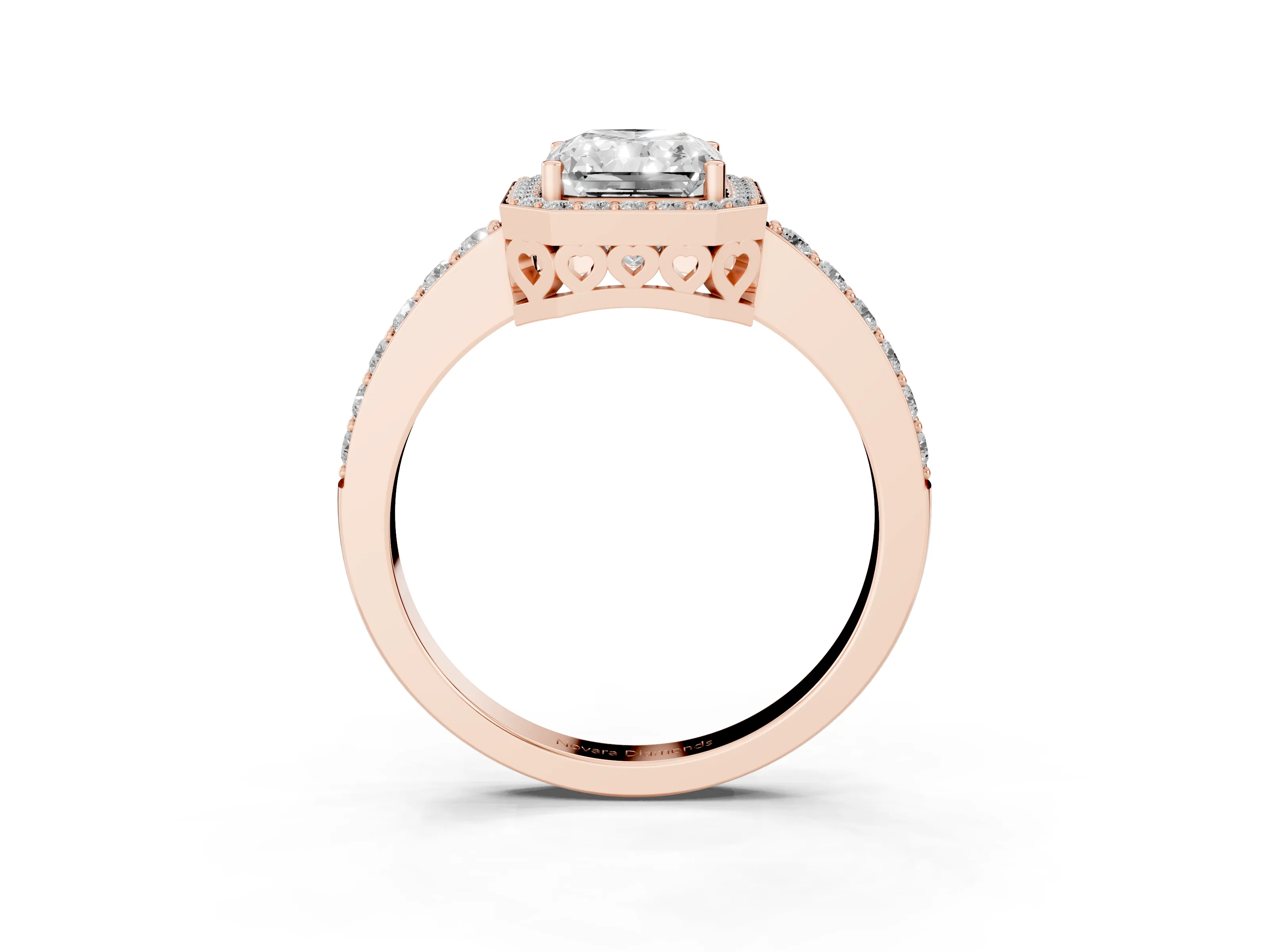 Radiant Cut Diamond Halo Ring Set in Rose gold with Pavé-Setting Band and Open Prong Center