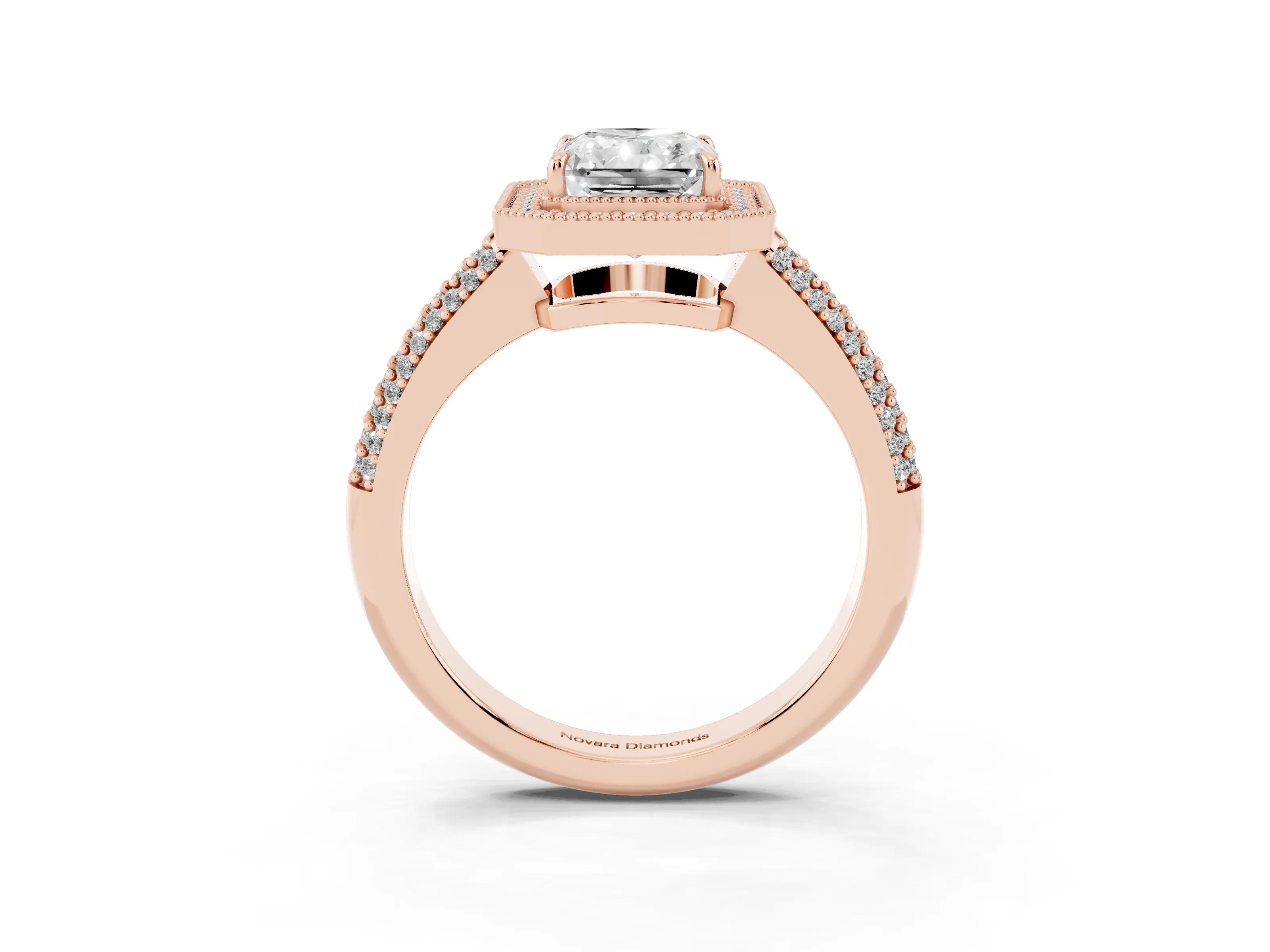 Radiant Cut Diamond Halo Pavé Band Set in Rose gold with Prong Setting
