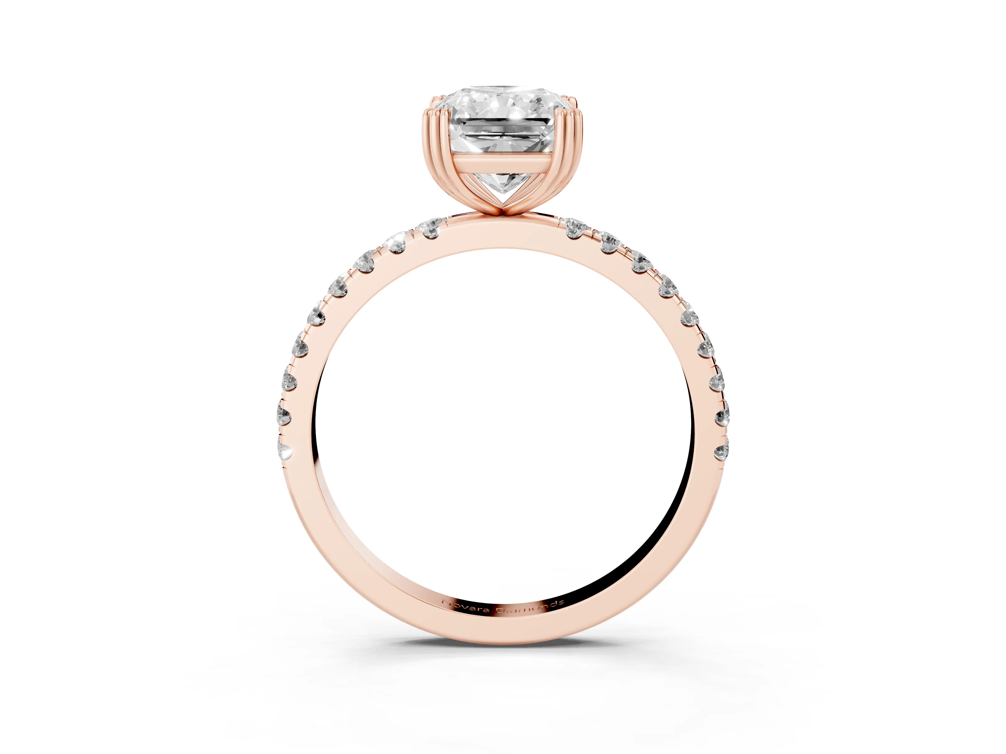 Radiant Cut Diamond Brilliant Solitaire Set in Rose gold with Pavé Band and Claw Prong Setting