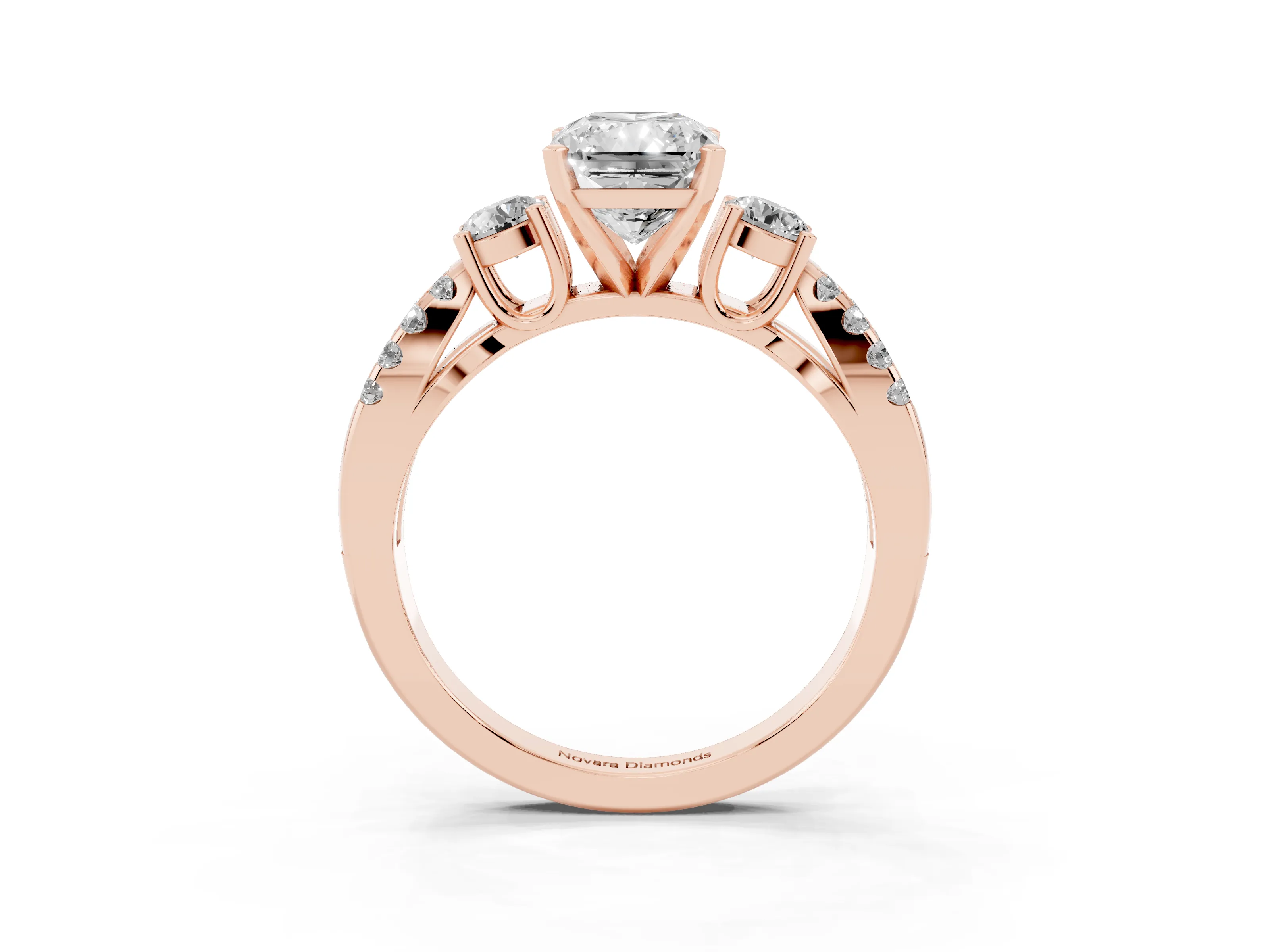 Radiant Cut Diamond Three-Stone Ring Set in Rose gold with Pavé Split Shank and Prong Setting