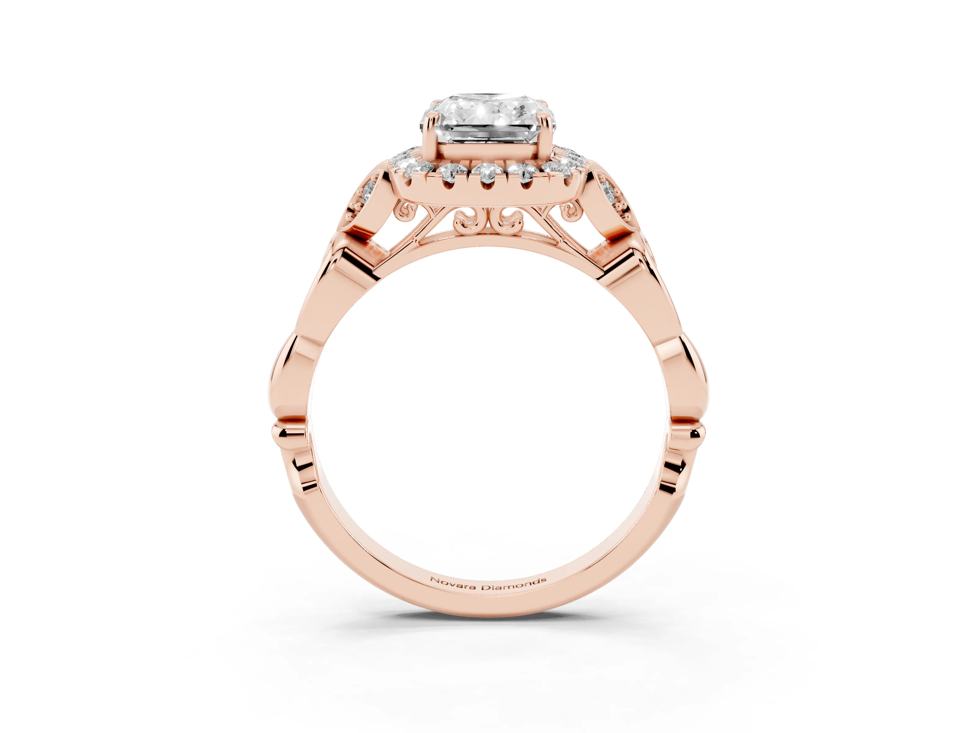 Radiant Cut Diamond Halo Engagement Ring Set in Rose gold with Vintage-Inspired Band and Prong Setting