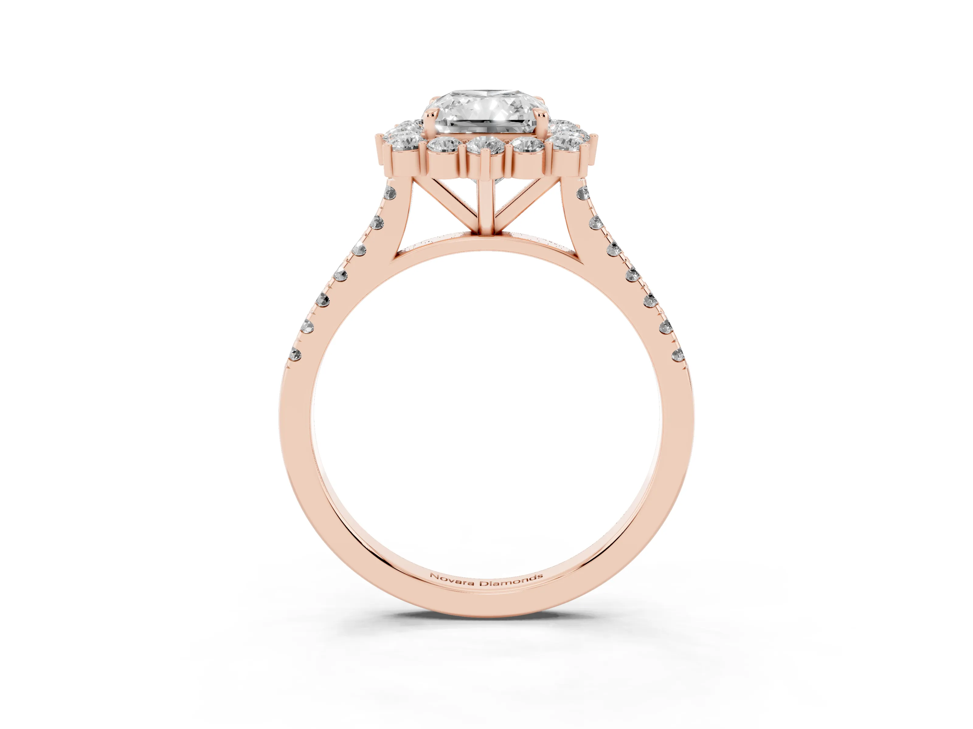 Radiant Cut Diamond Halo Ring Set in Rose gold with Pavé Band and Prong Setting
