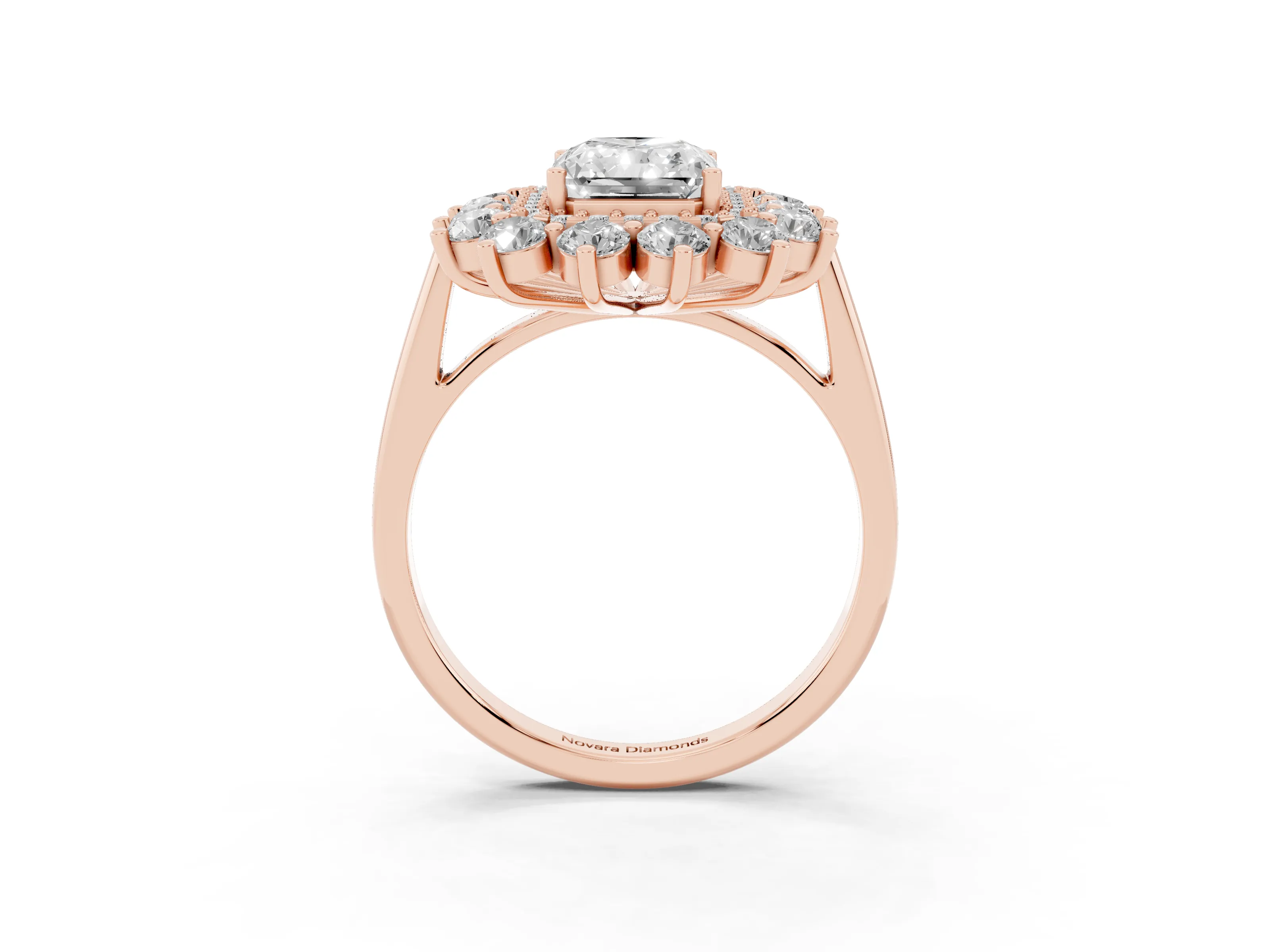 Radiant Cut Diamond Floral Double Halo Ring Set in Rose gold with Round Petals