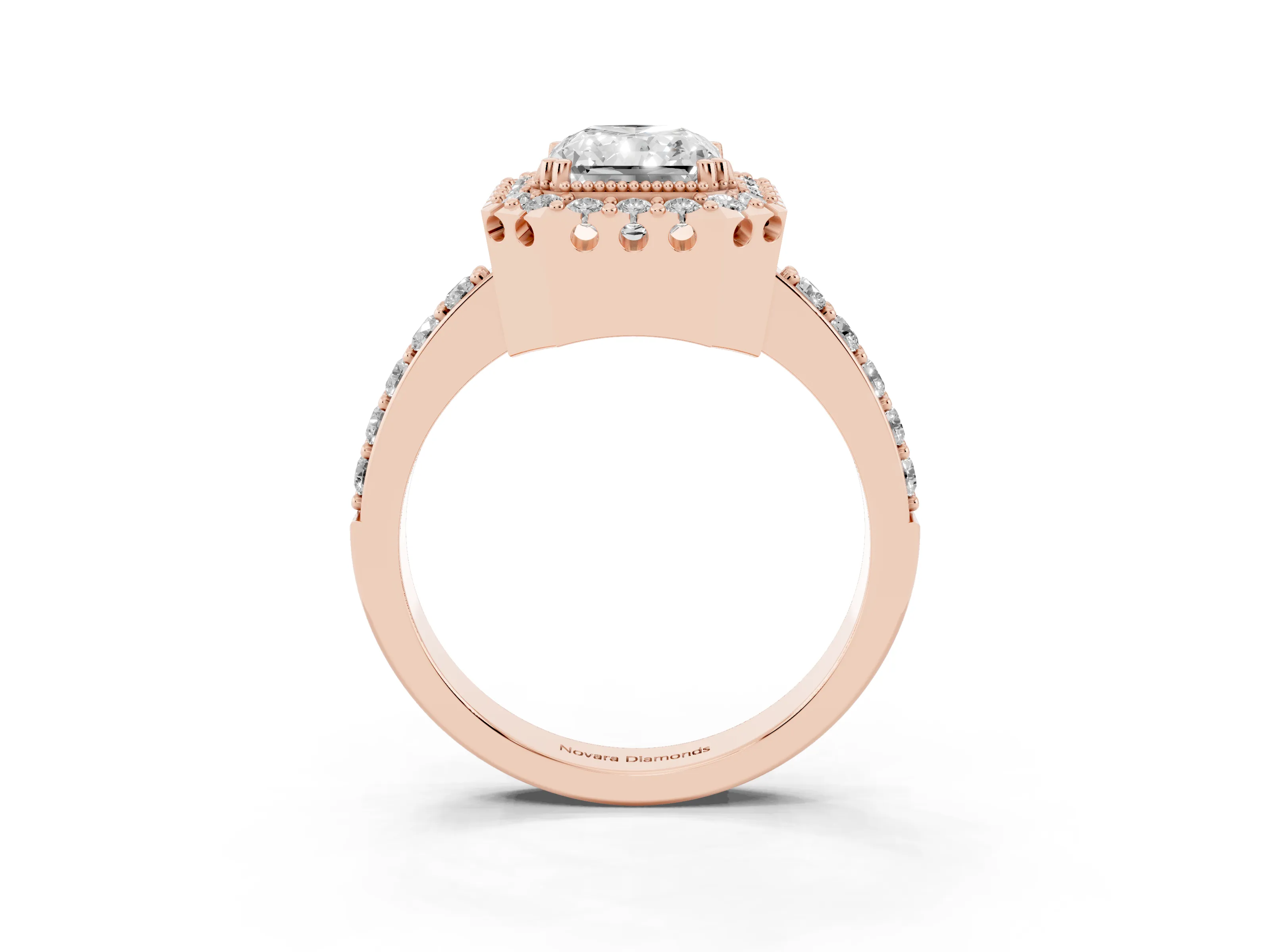 Radiant Cut Diamond Halo Ring Set in Rose gold with Pavé Shank and Prong Setting