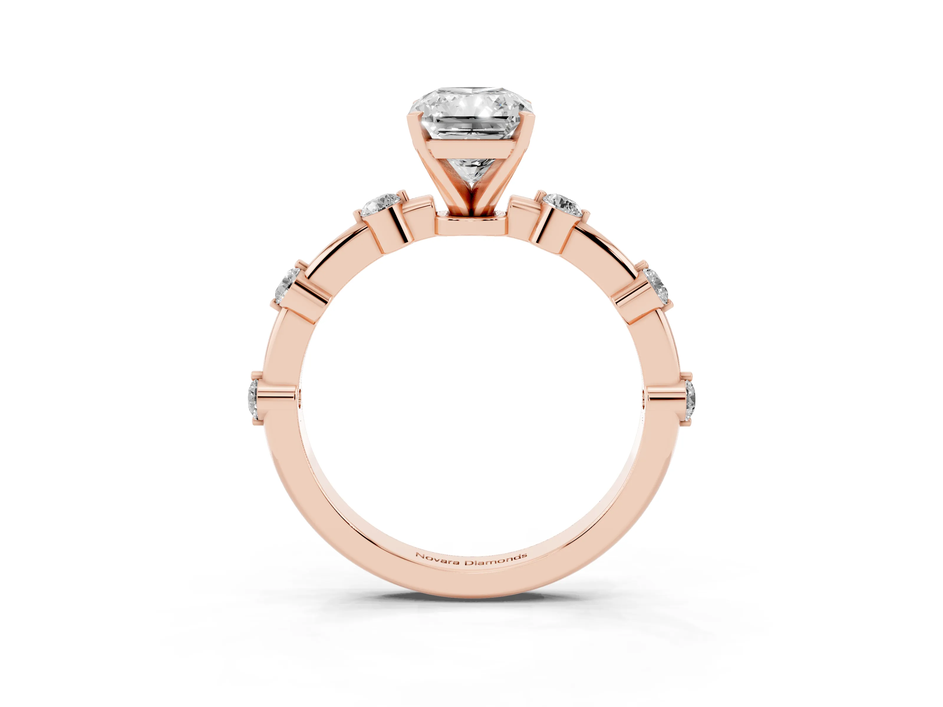 Radiant Cut Diamond Solitaire Ring Set in Rose gold with Bezel Set Side Stones and Prong Setting