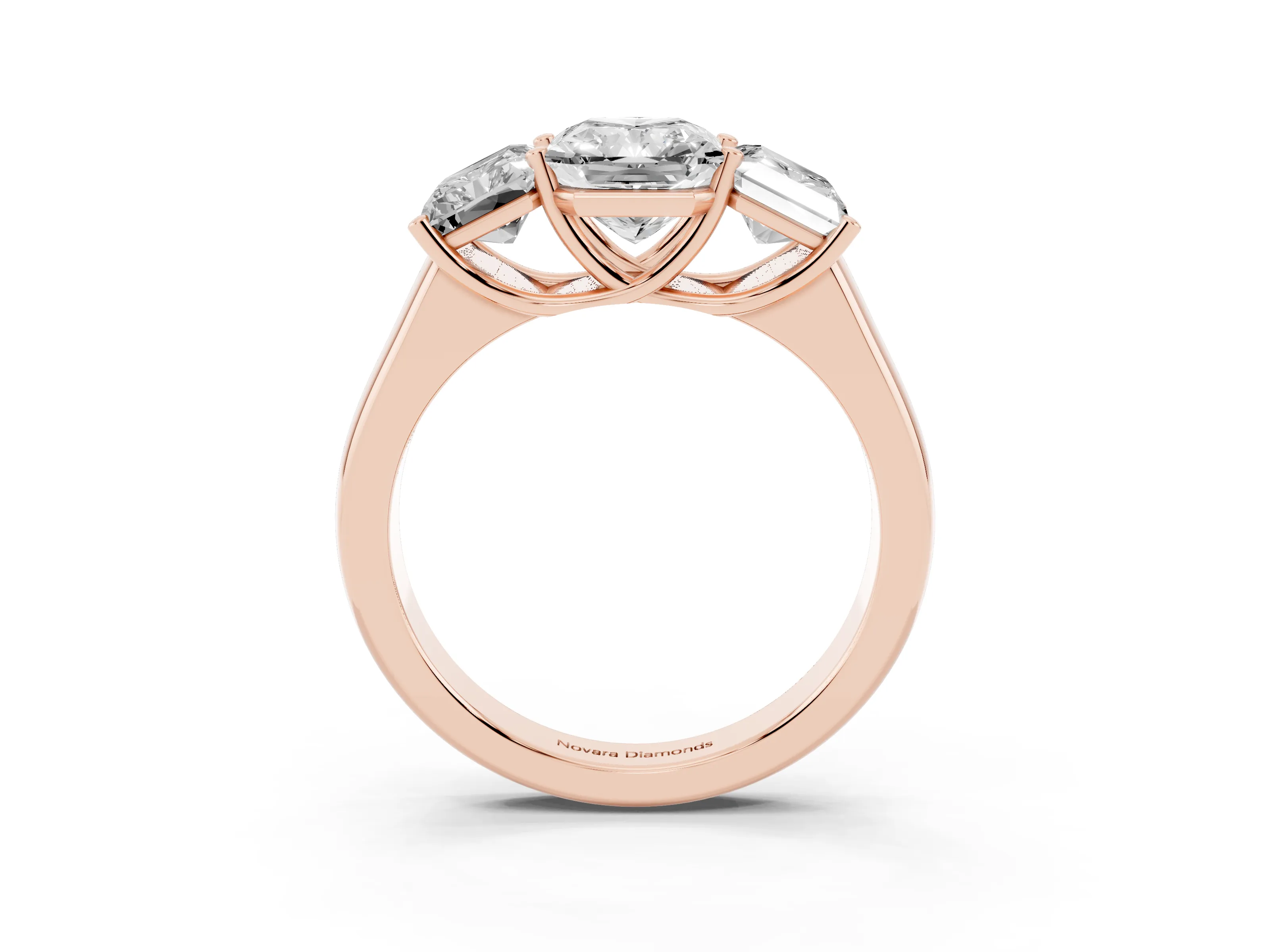 Radiant Cut Diamond Three-Stone Ring Set in Rose gold with Plain Polished Band
