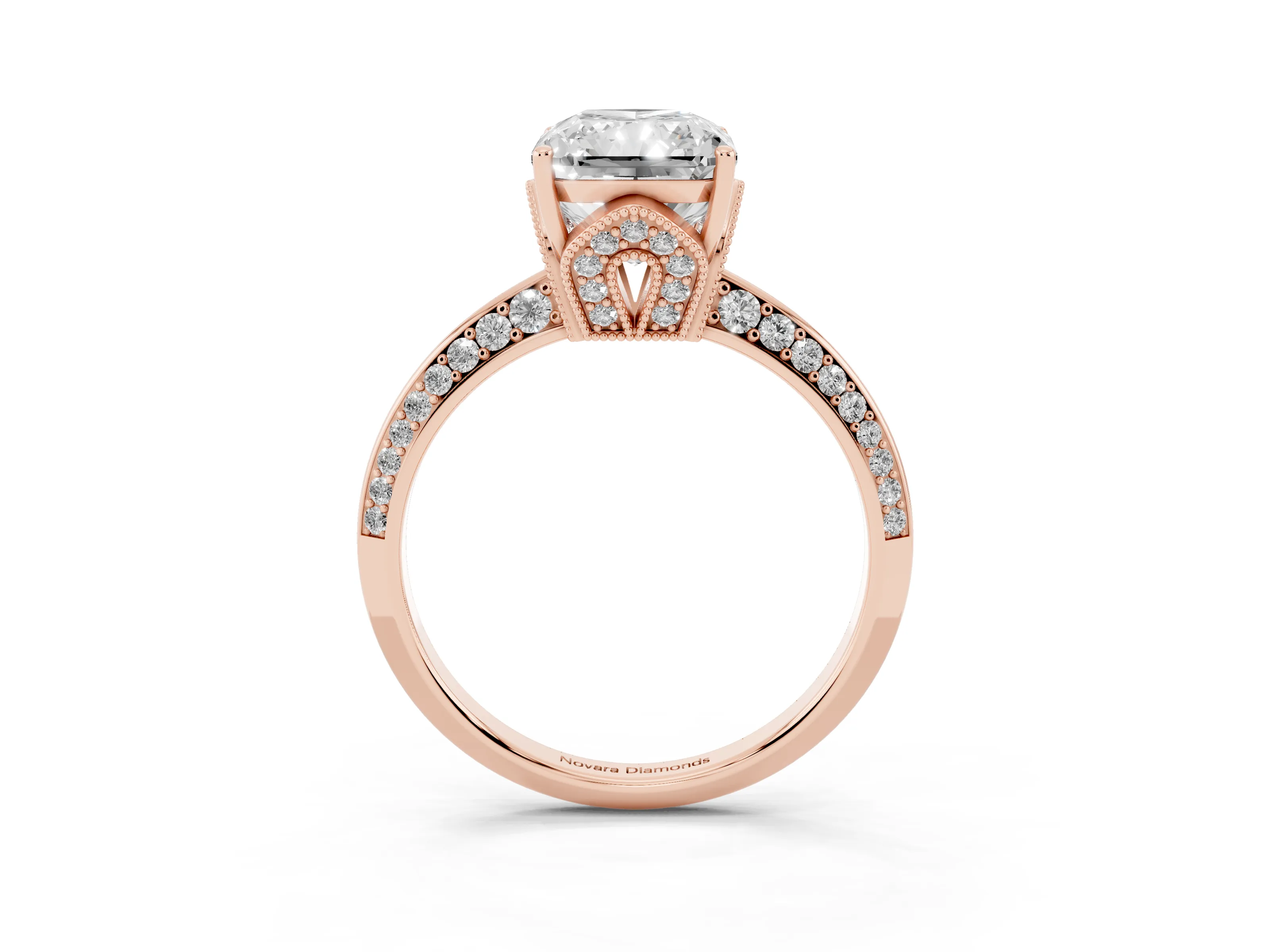 Radiant Cut Diamond Solitaire Engagement Ring Set in Rose gold with Pavé Split Shank and Prong Setting