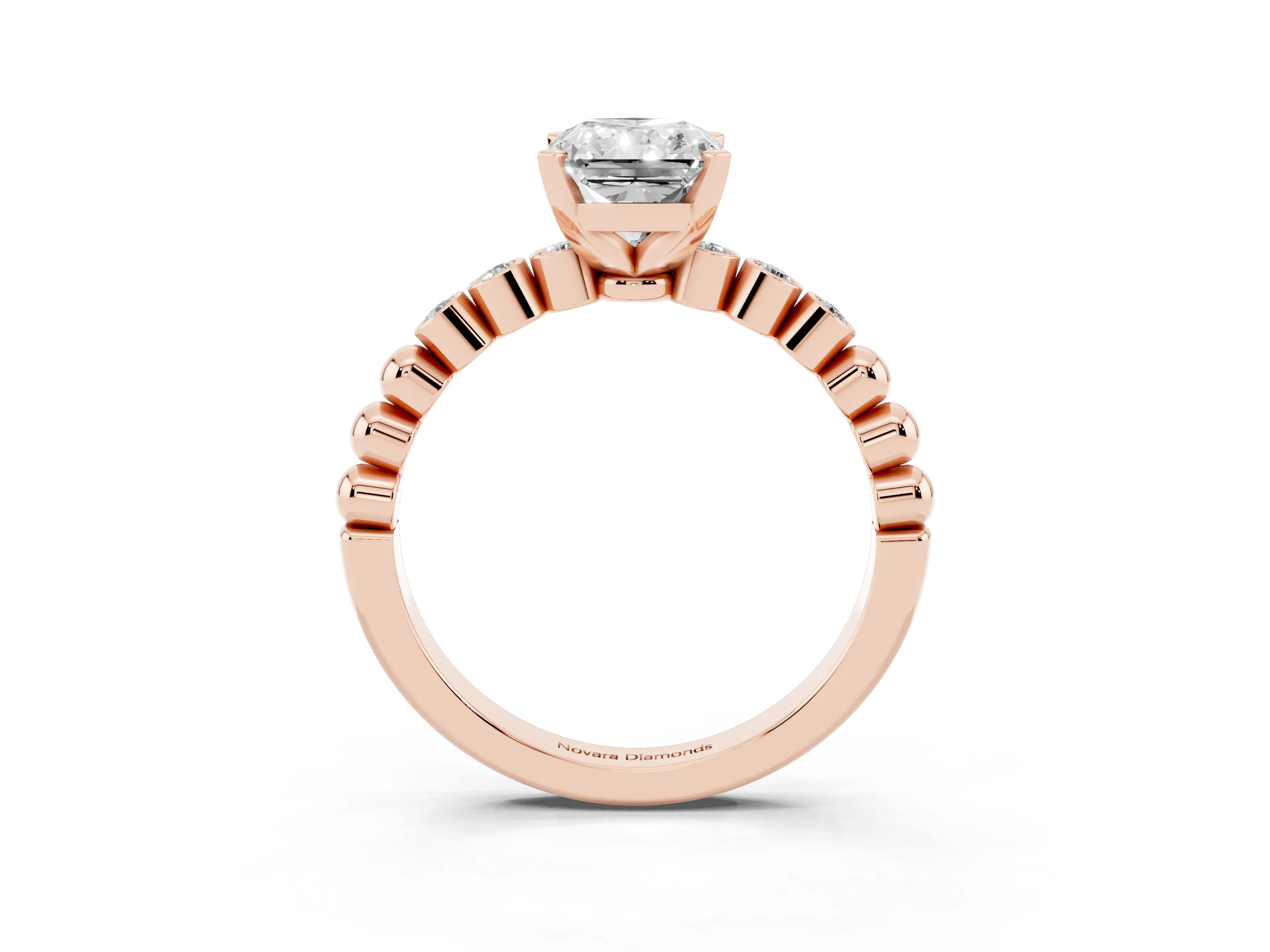 Radiant Cut Diamond Solitaire Engagement Ring Set in Rose gold with Bezel Accents on Beaded Band