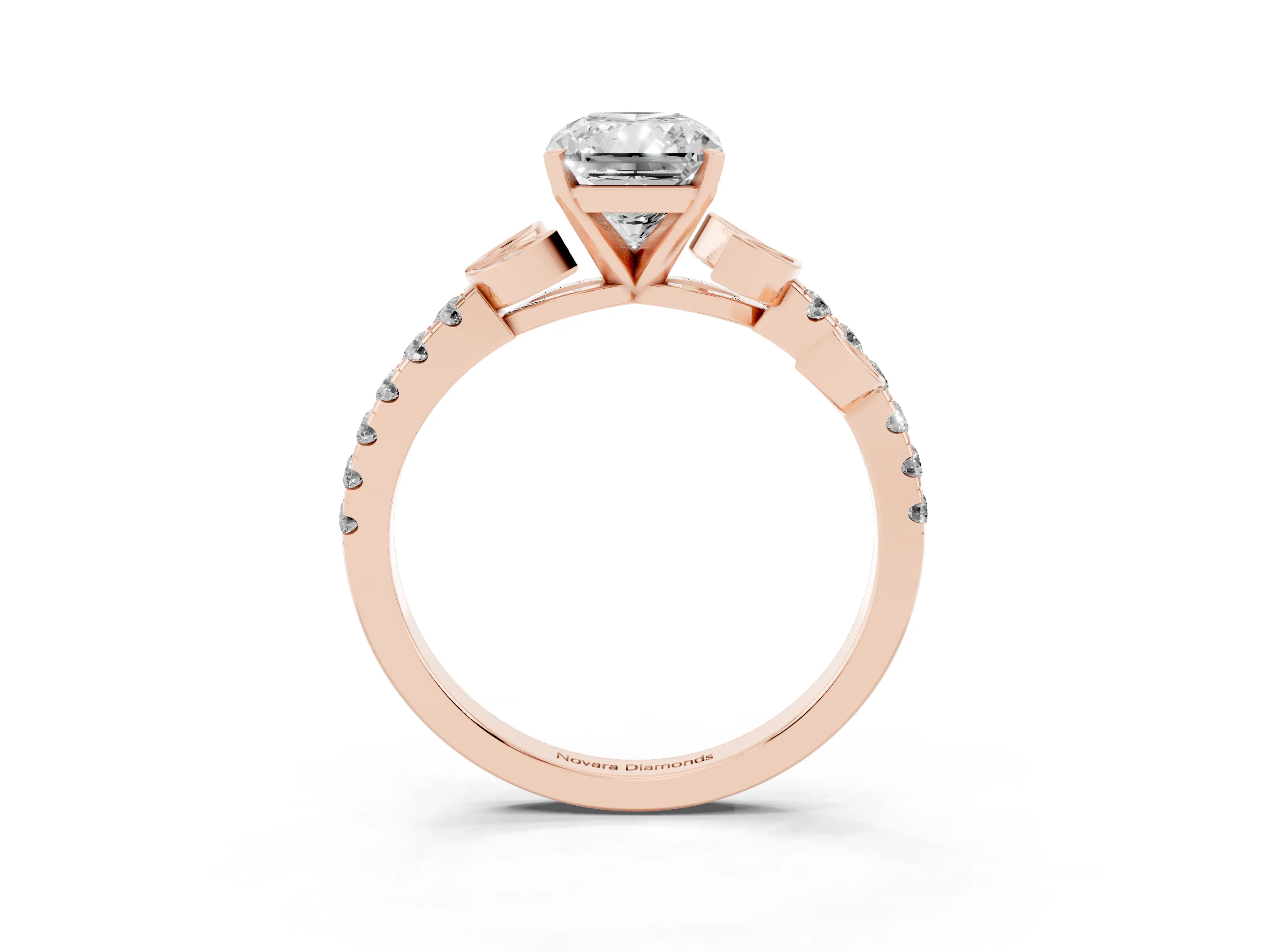 Radiant Cut Diamond Solitaire Leaf-Inspired Ring Set in Rose gold with Pavé Band and Prong Setting