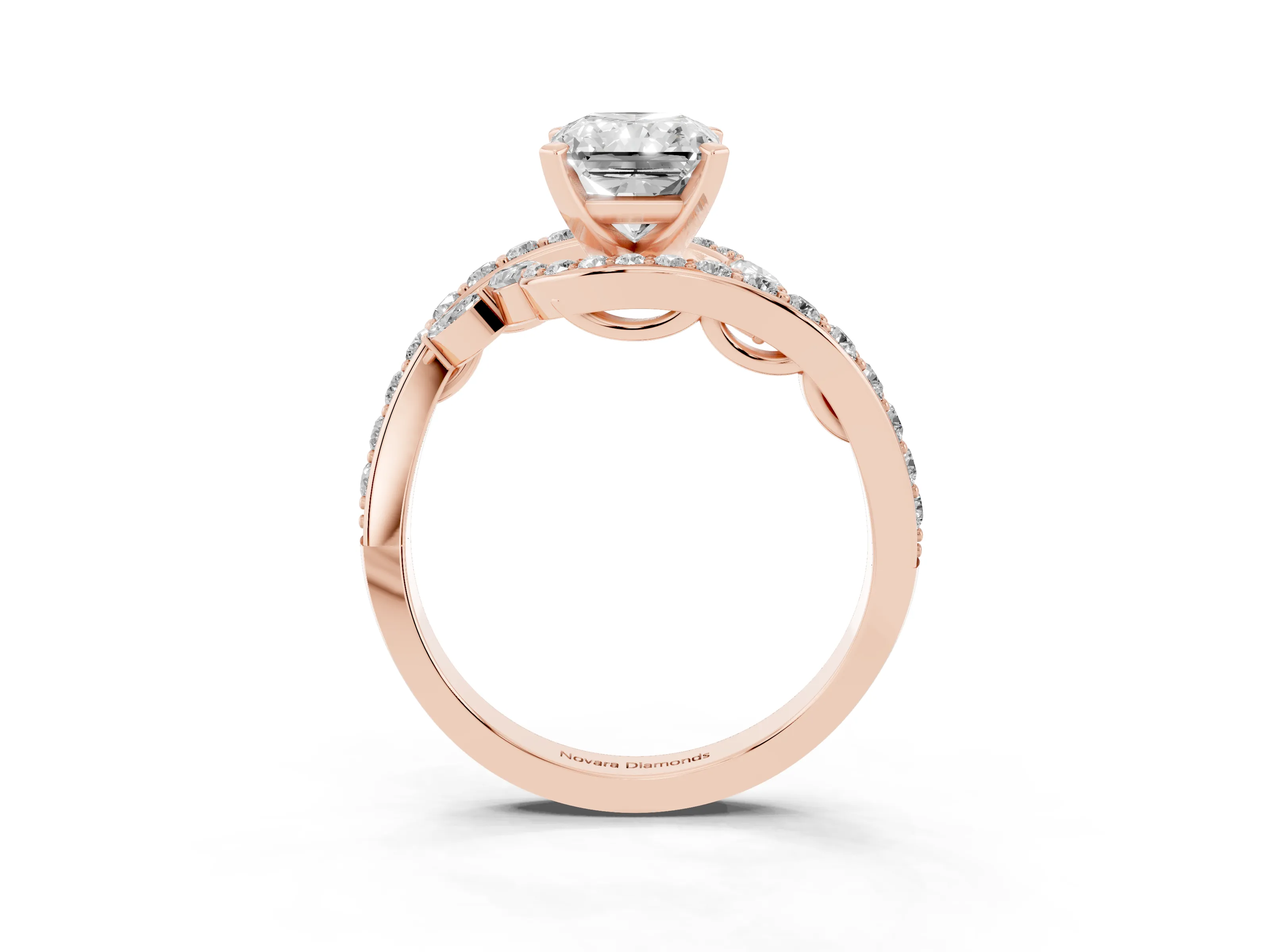 Radiant Cut Diamond Solitaire Ring Set in Rose gold with Pavé Twist Band and Secure Prong Setting