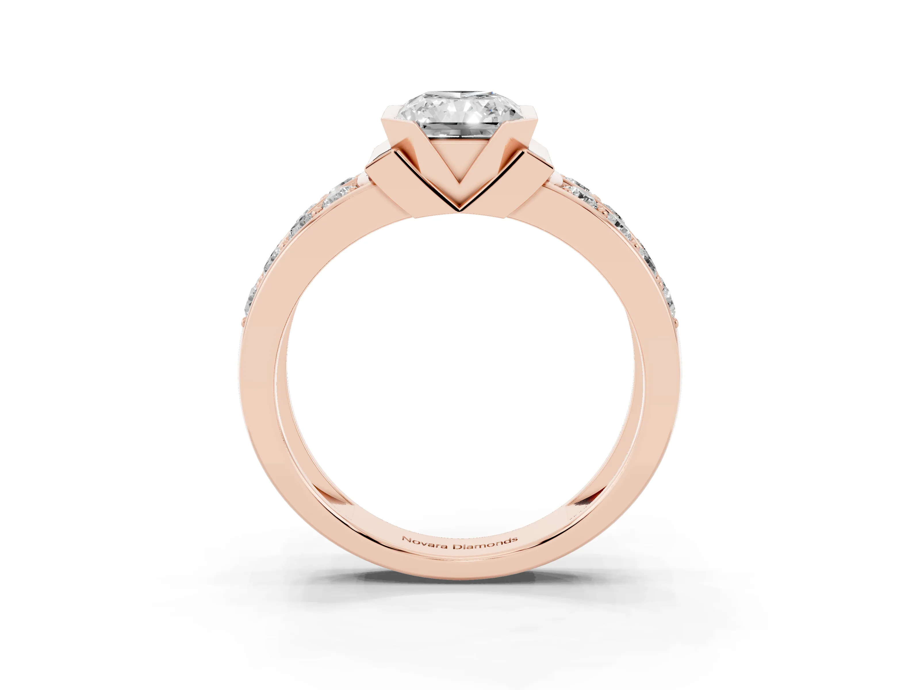 Radiant Cut Diamond Wide Channel Set Band Ring Set in Rose gold with Bezel Setting