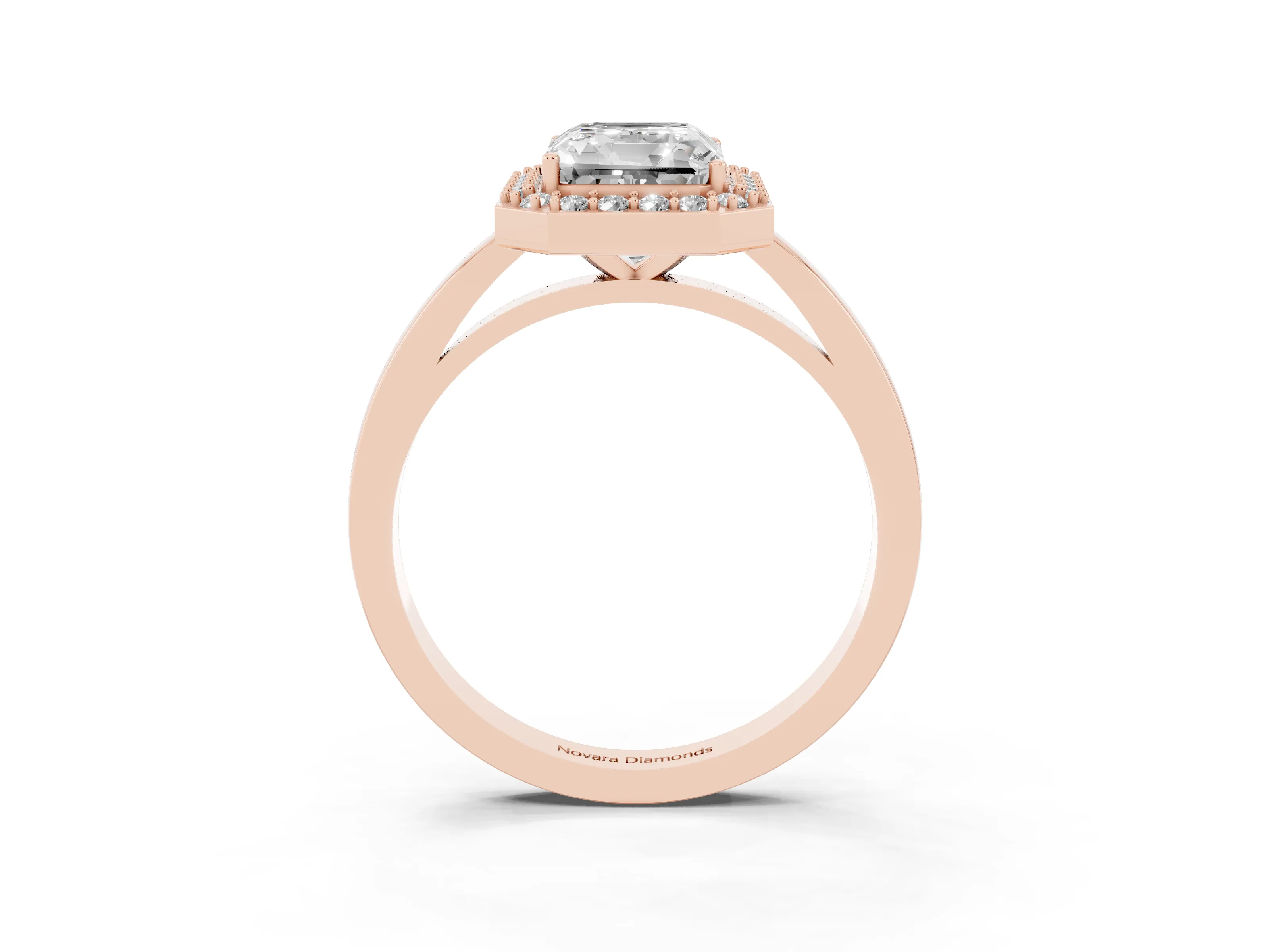 Radiant Cut Diamond Halo Ring Set in Rose gold with Solitaire Band and Prong Setting