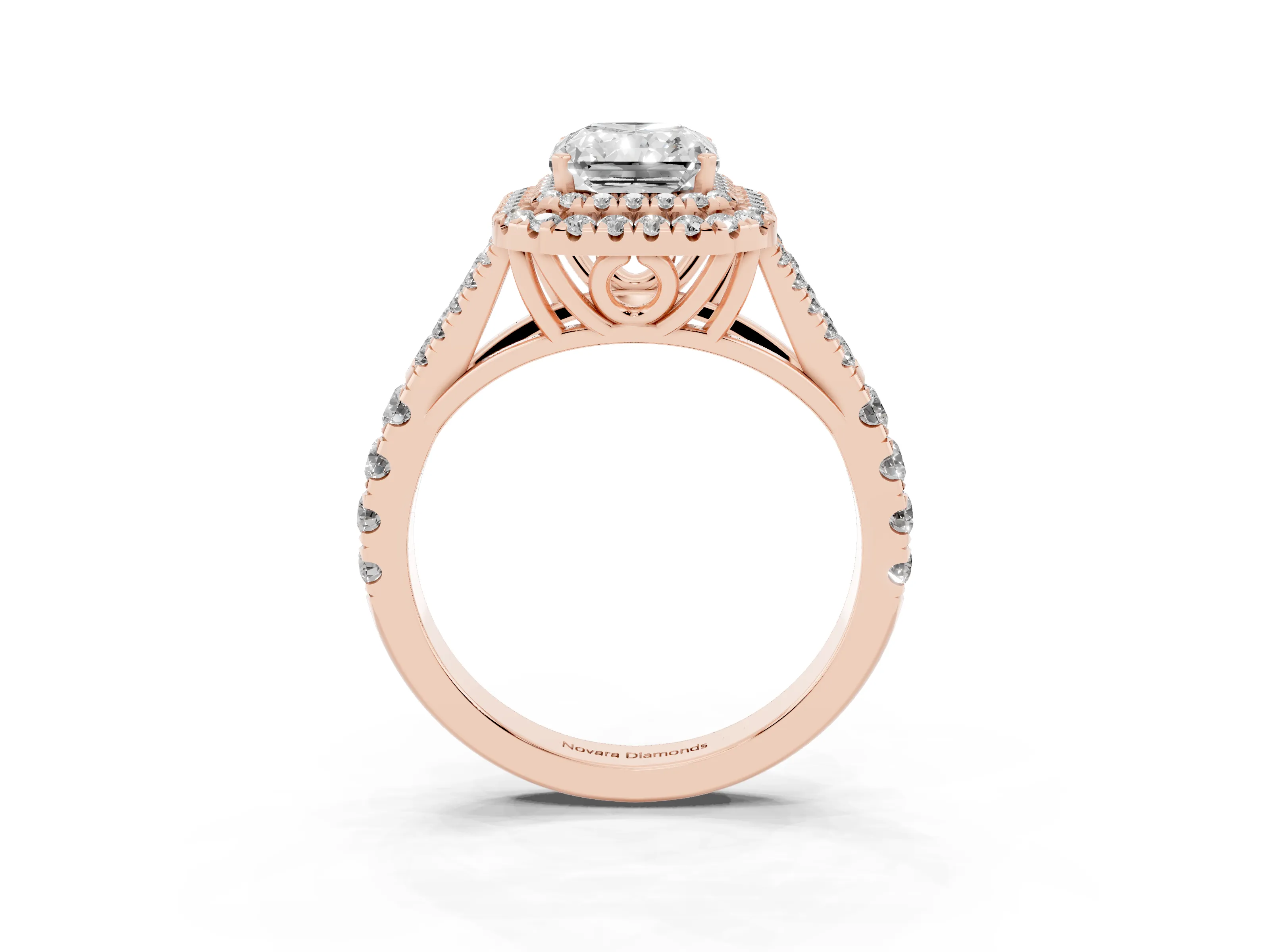 Radiant Cut Diamond Pavé Split Shank Double Halo Engagement Ring Set in Rose gold