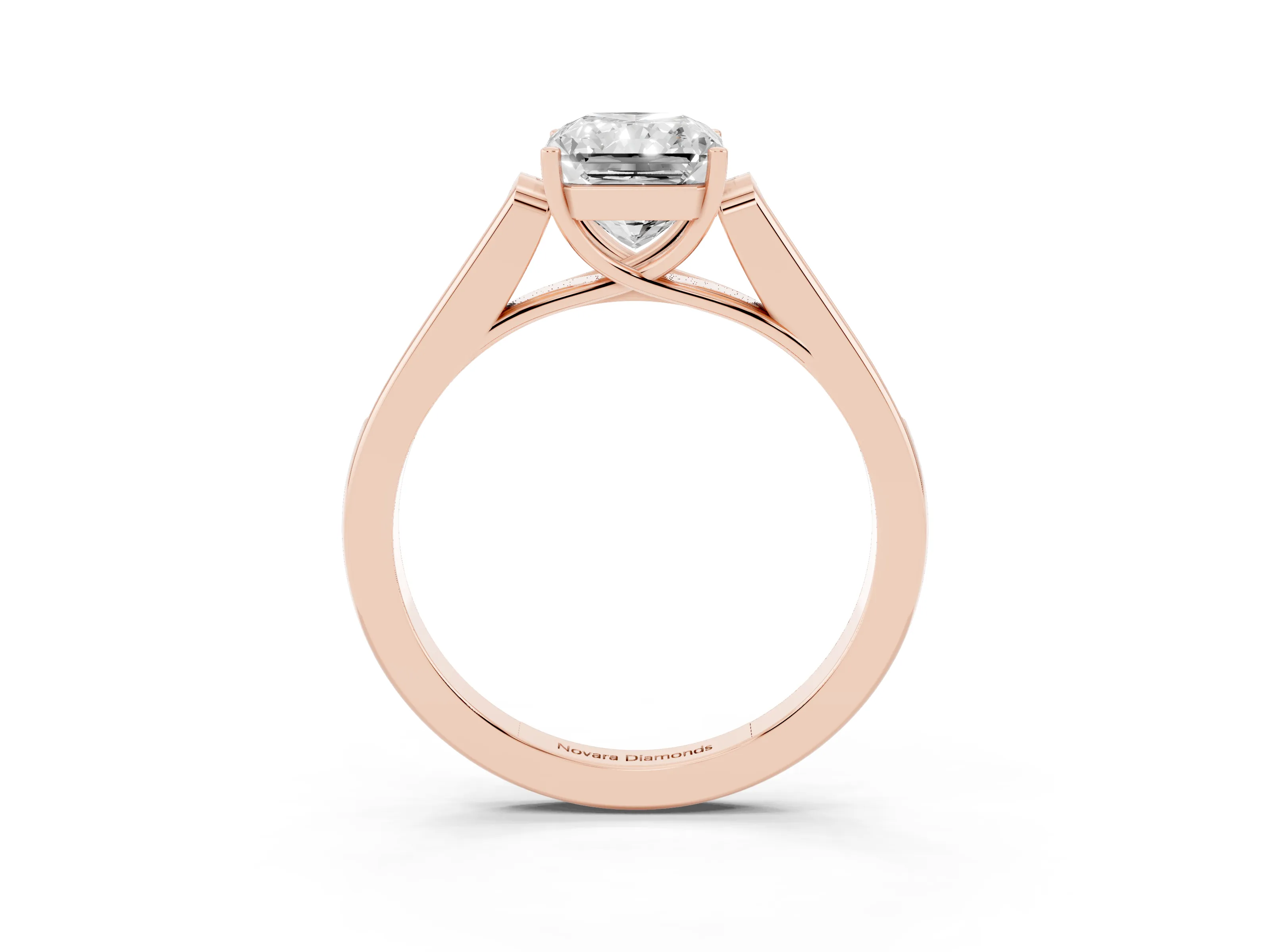 Radiant Cut Diamond Solitaire Cathedral Engagement Ring Set in Rose gold with Channel-Set Band and Prong Setting