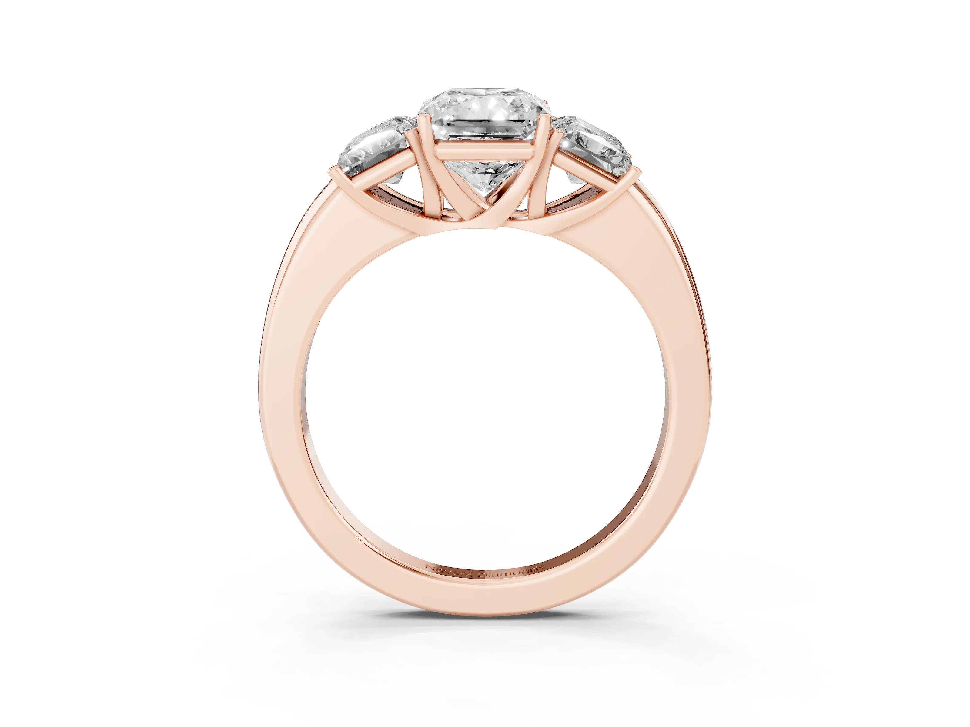 Radiant Cut Diamond Three-Stone Ring Set in Rose gold with Bold Center and Classic Band