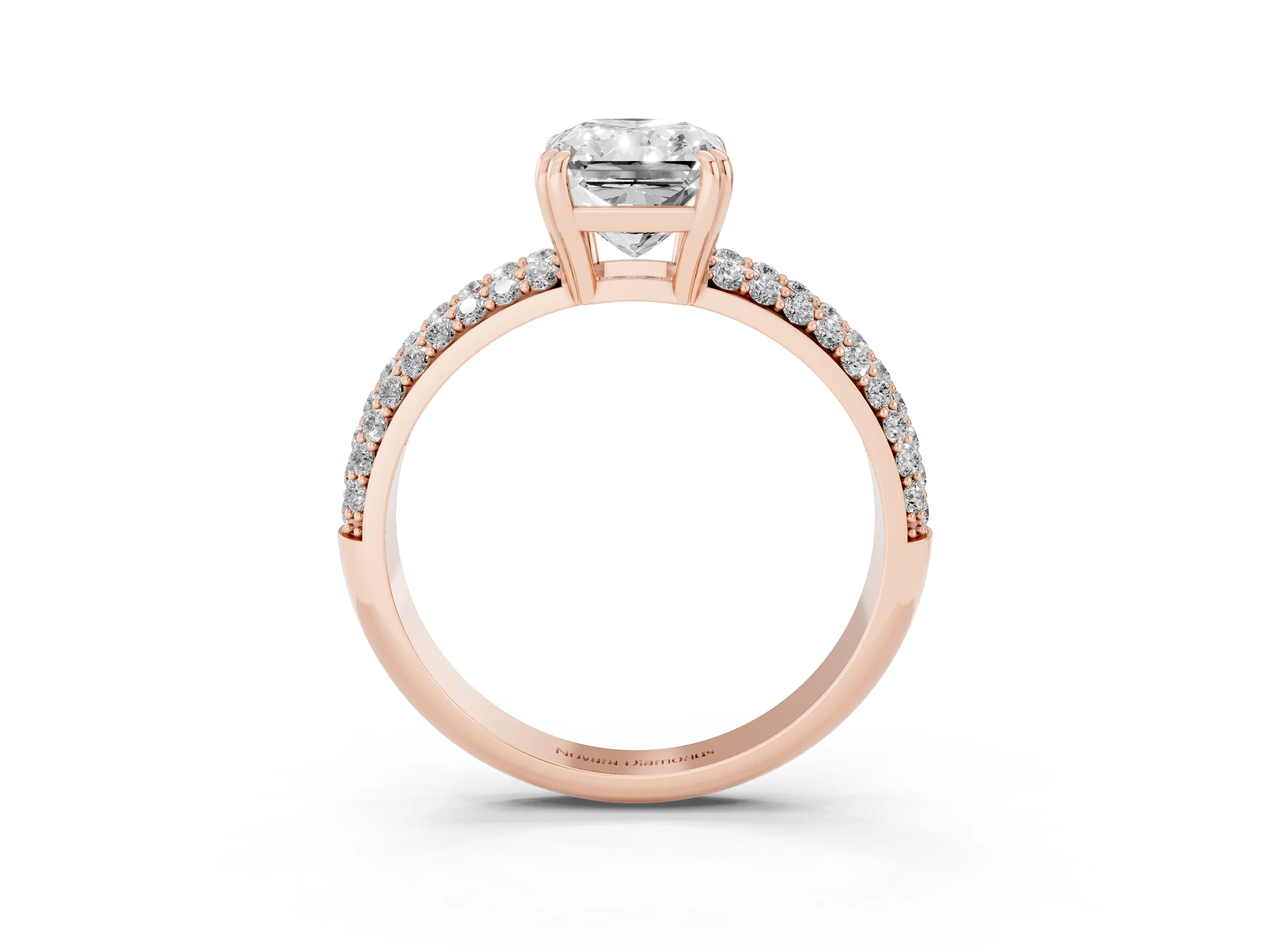 Radiant Cut Diamond Solitaire Ring Set in Rose gold with Multi-Row Round Pavé Band and Prong Setting