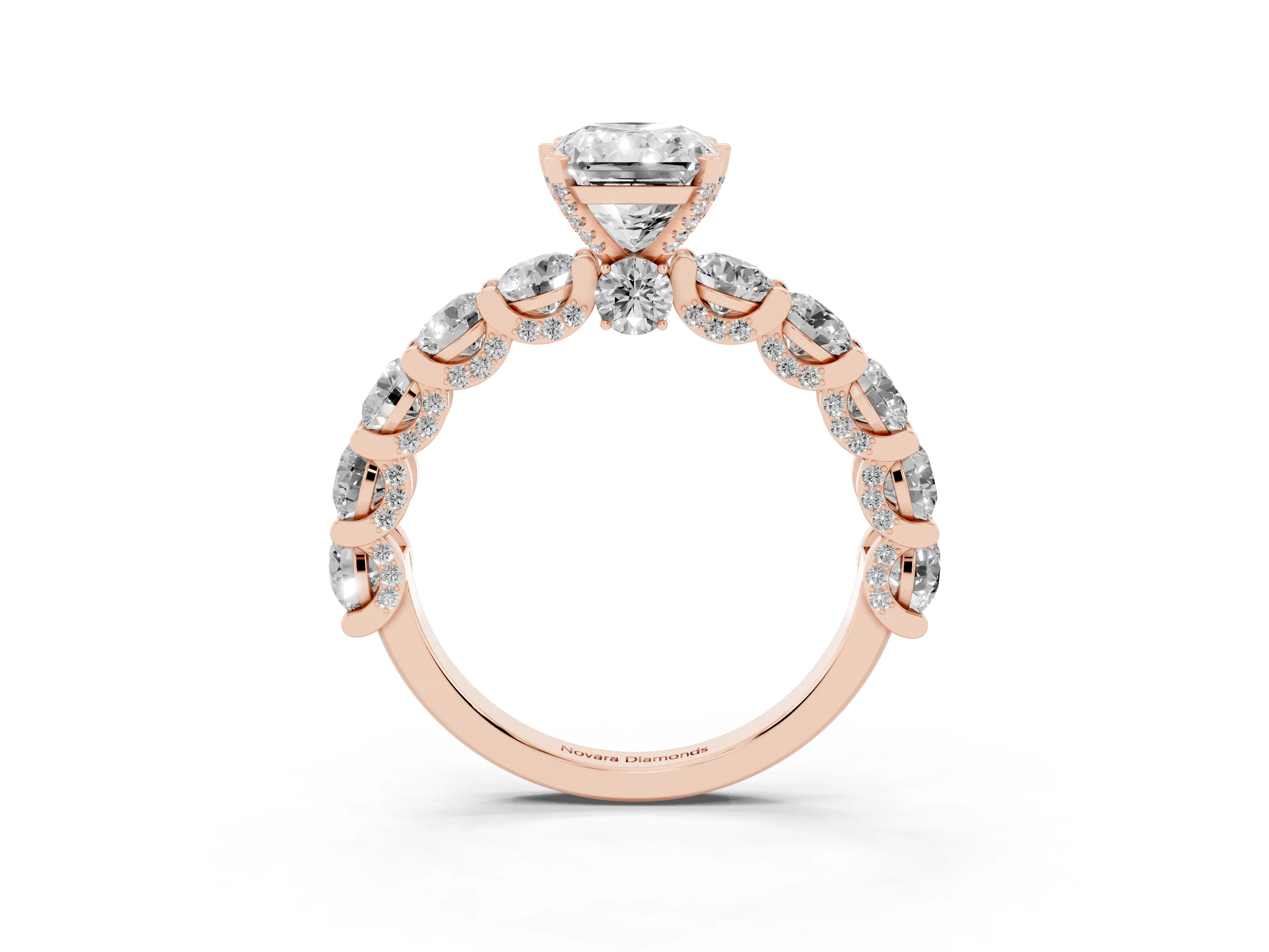 Radiant Cut Diamond Side Stone Ring Set in Rose gold with Alternating Round and Oval Side Stones