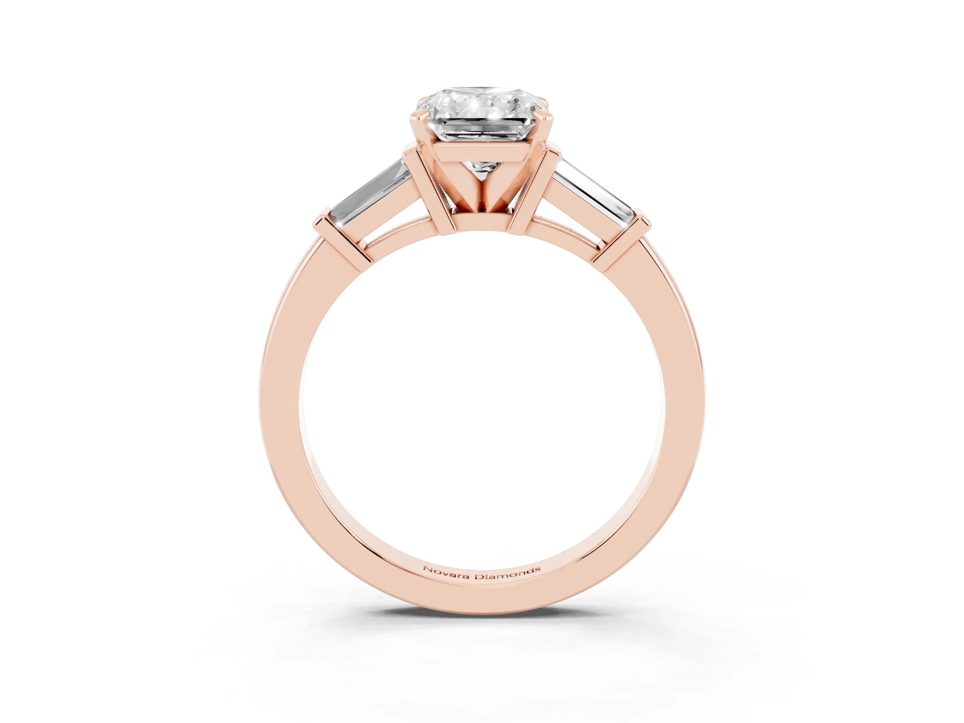 Radiant Cut Diamond Solitaire Ring Set in Rose gold with Tapered Baguette Accents and Prong Setting
