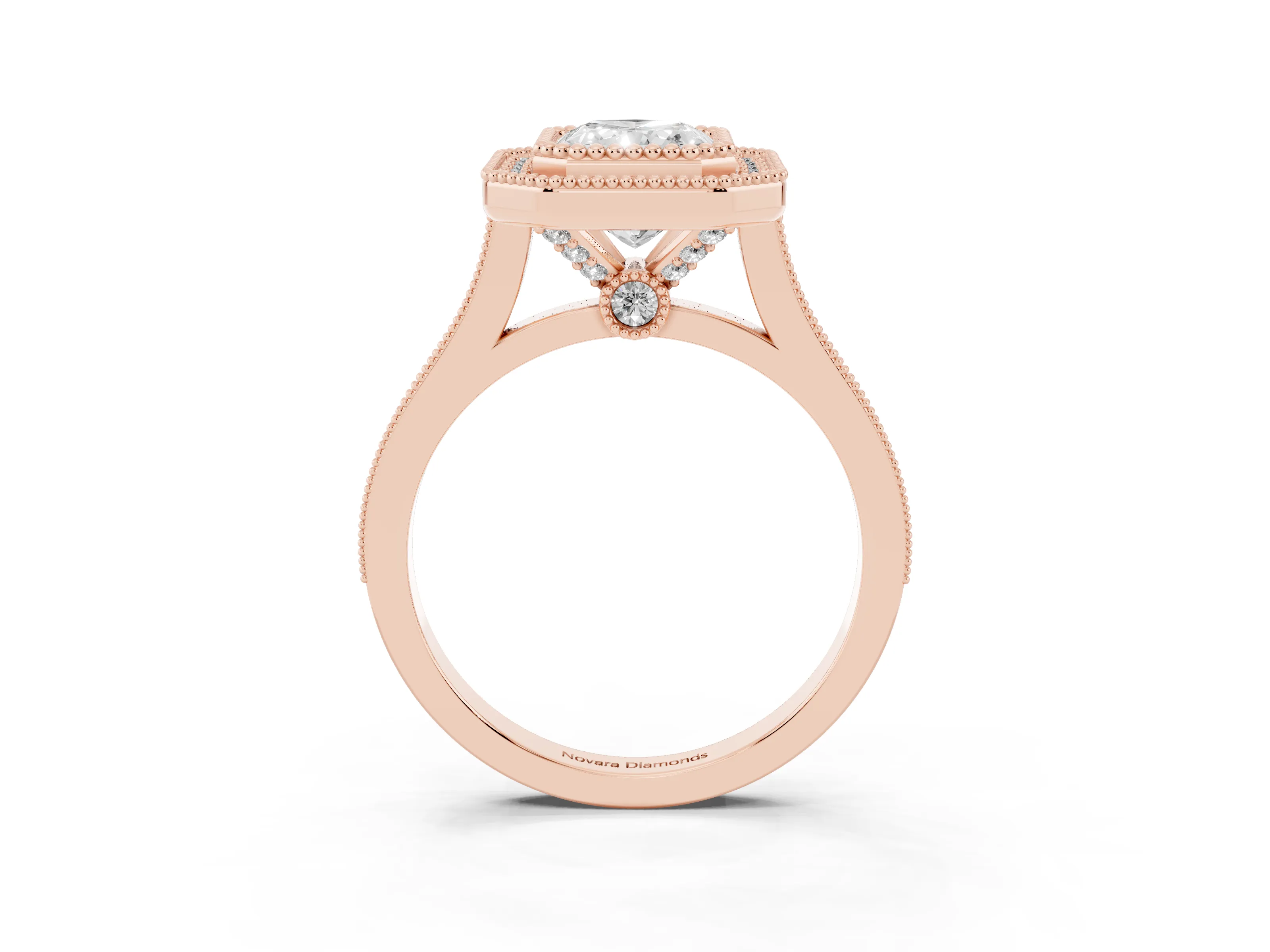Radiant Cut Diamond Halo Ring Set in Rose gold with Milgrain Frame and Pavé Band