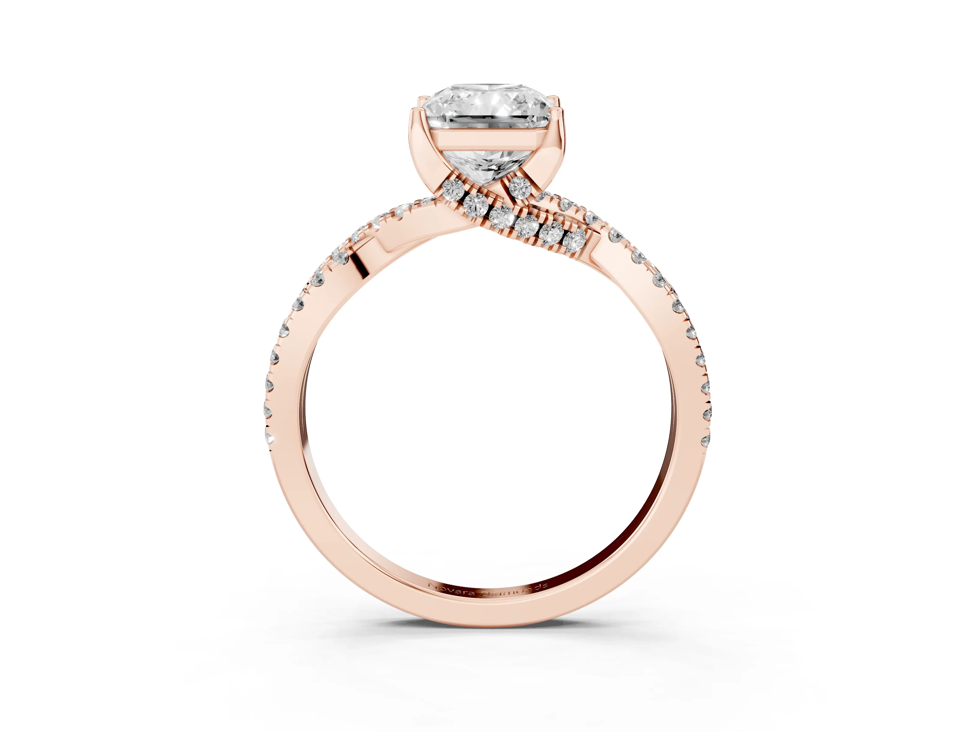 Radiant Cut Diamond Twist Pavé Solitaire Engagement Ring Set in Rose gold with Prong Setting