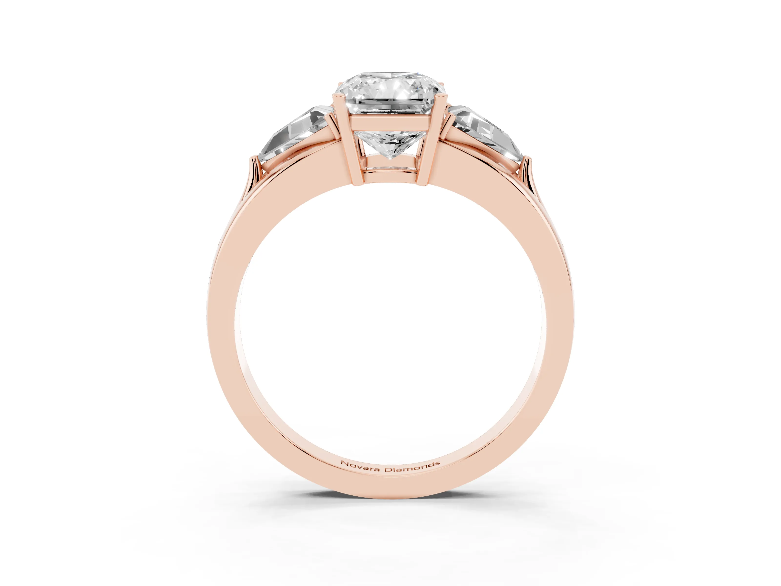 Radiant Cut Diamond Three-Stone Ring Set in Rose gold with Trillion Side Stones and Split Shank