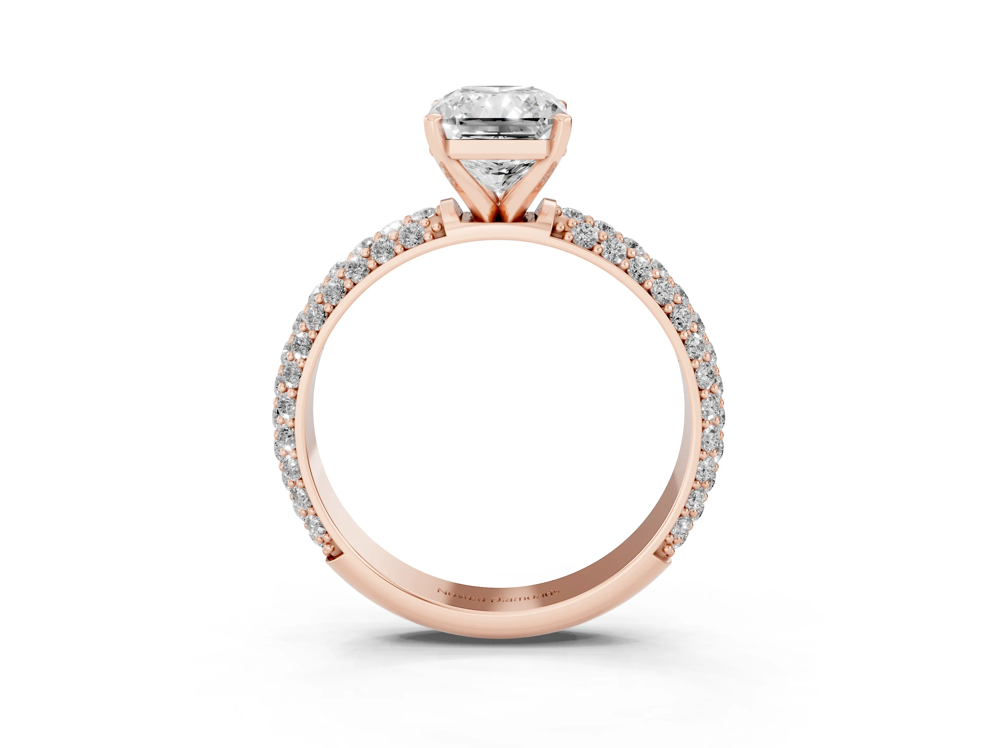 Radiant Cut Diamond Solitaire Ring Set in Rose gold with Prong Setting and Pavé-Set Band