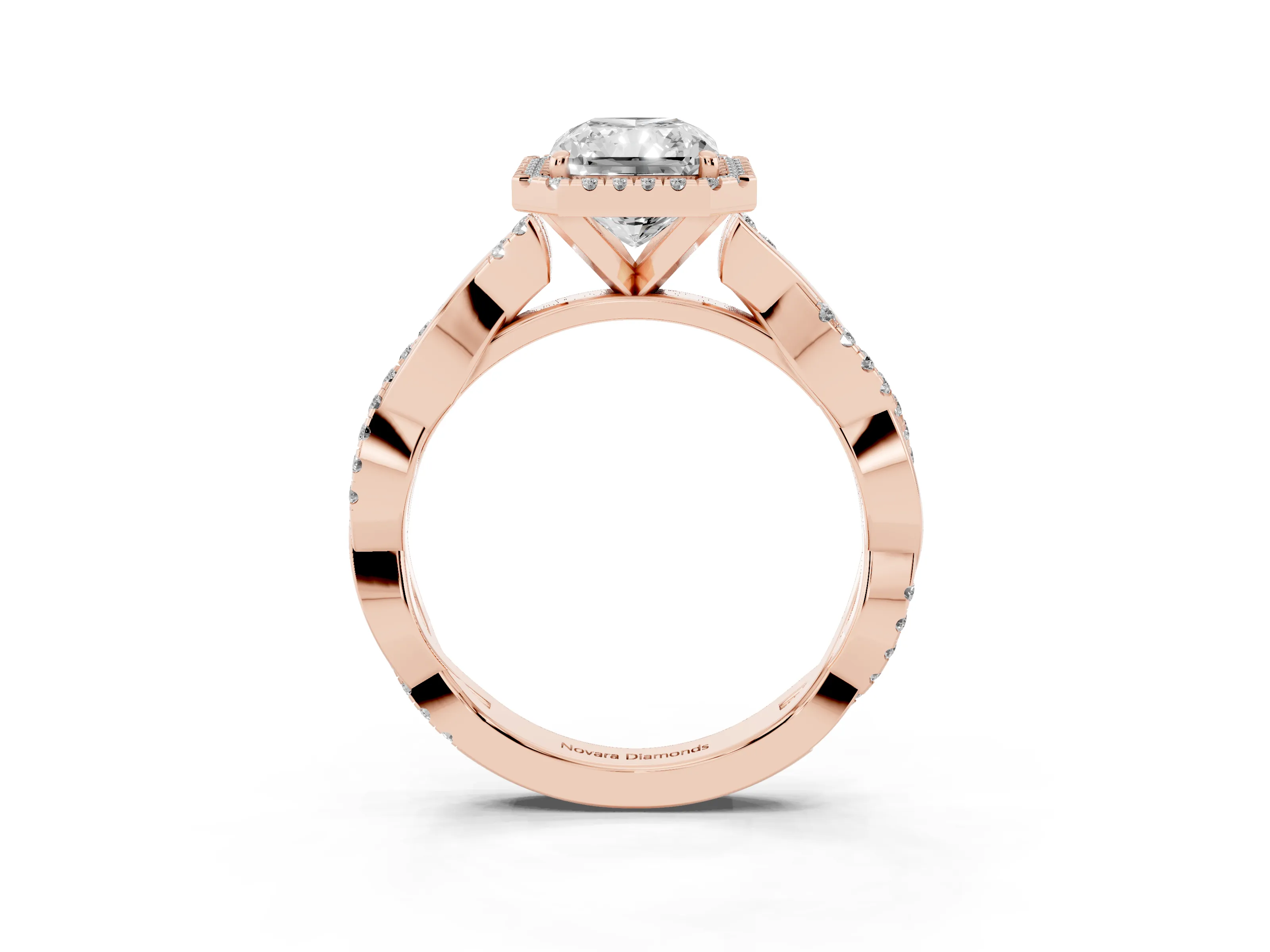 Radiant Cut Diamond Halo Twisted Band Ring Set in Rose gold with Prong Setting