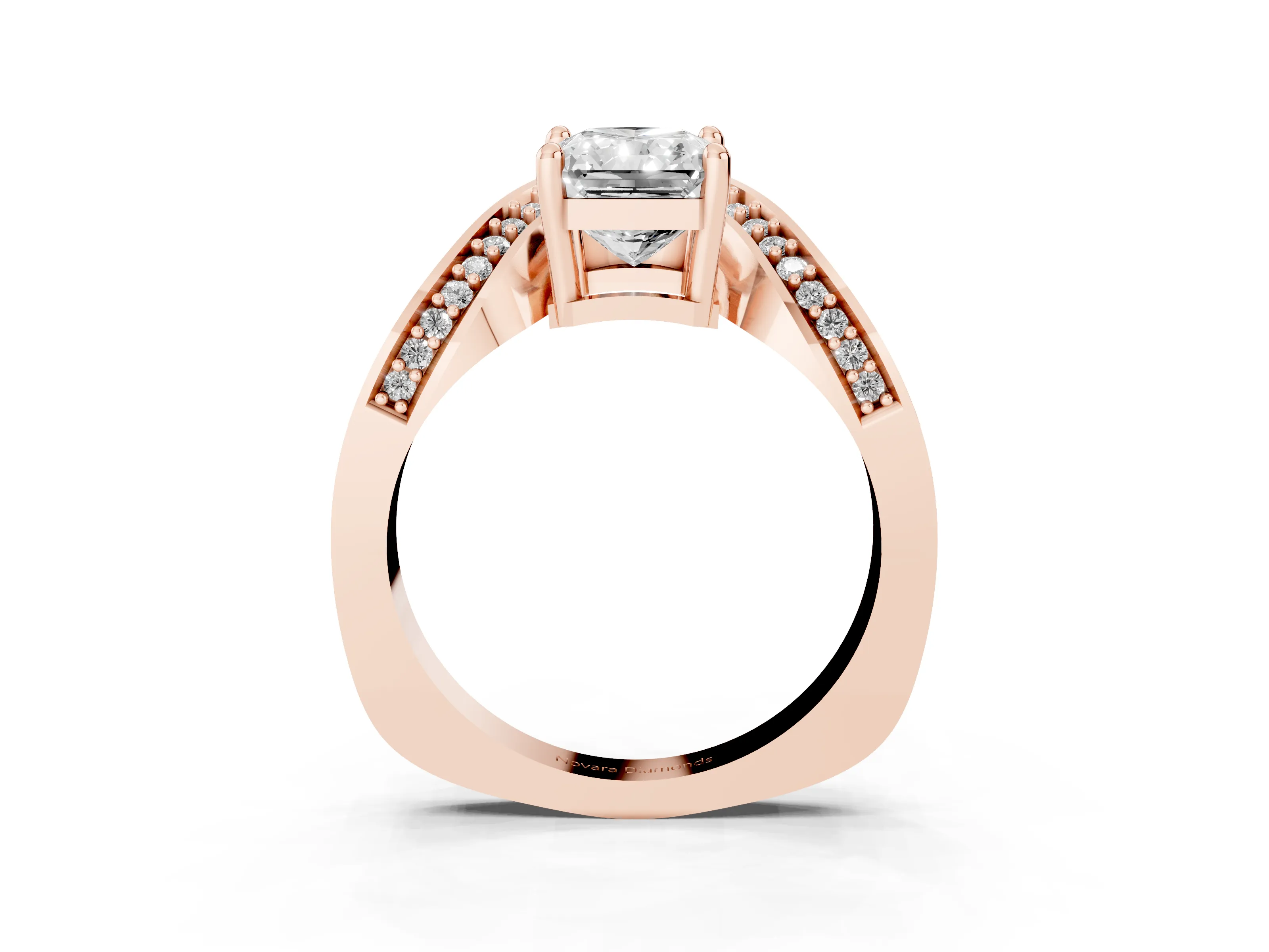 Radiant Cut Diamond Solitaire Engagement Ring Set in Rose gold with Pavé Shoulders
