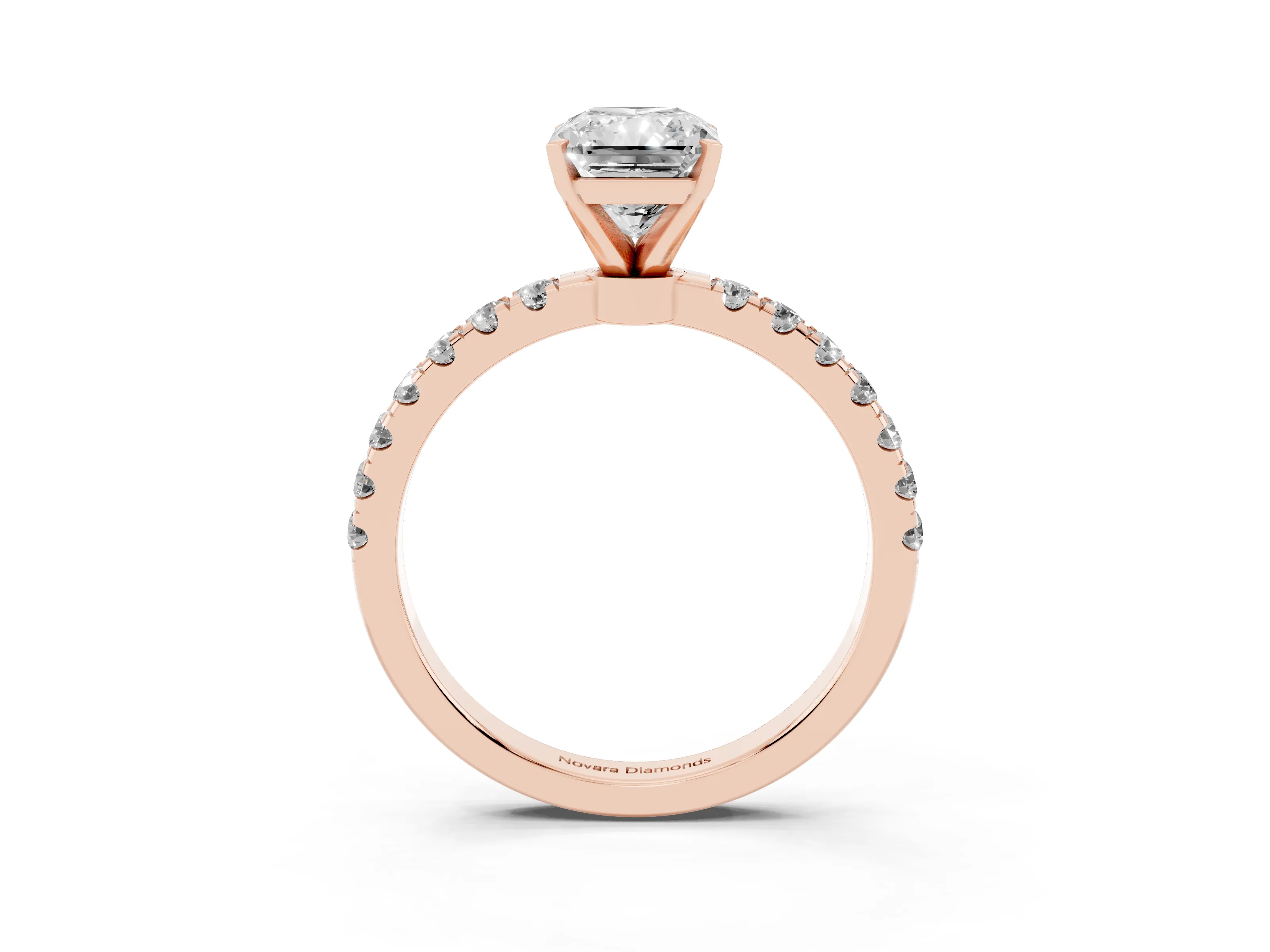 Radiant Cut Diamond Solitaire Ring Set in Rose gold with Pavé Accents and Prong Setting
