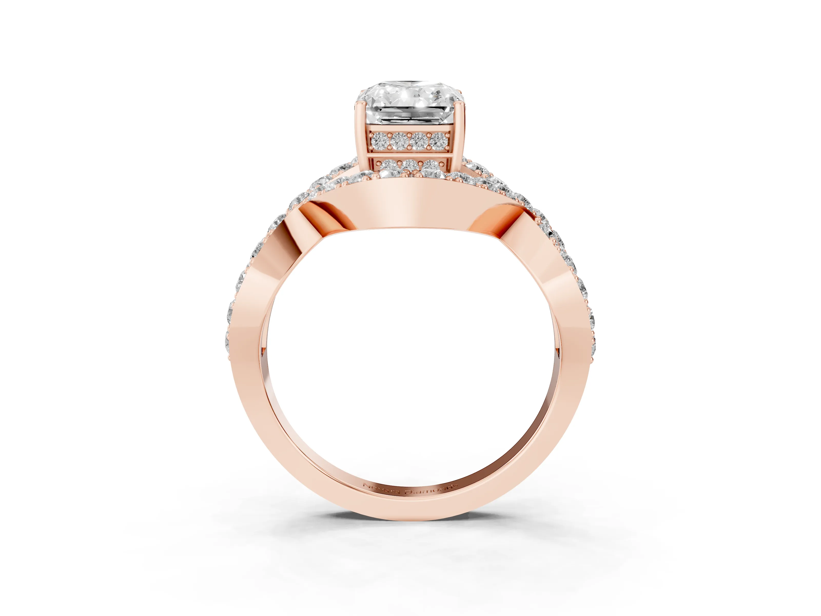 Radiant Cut Diamond Solitaire Twist Band Pavé Engagement Ring Set in Rose gold