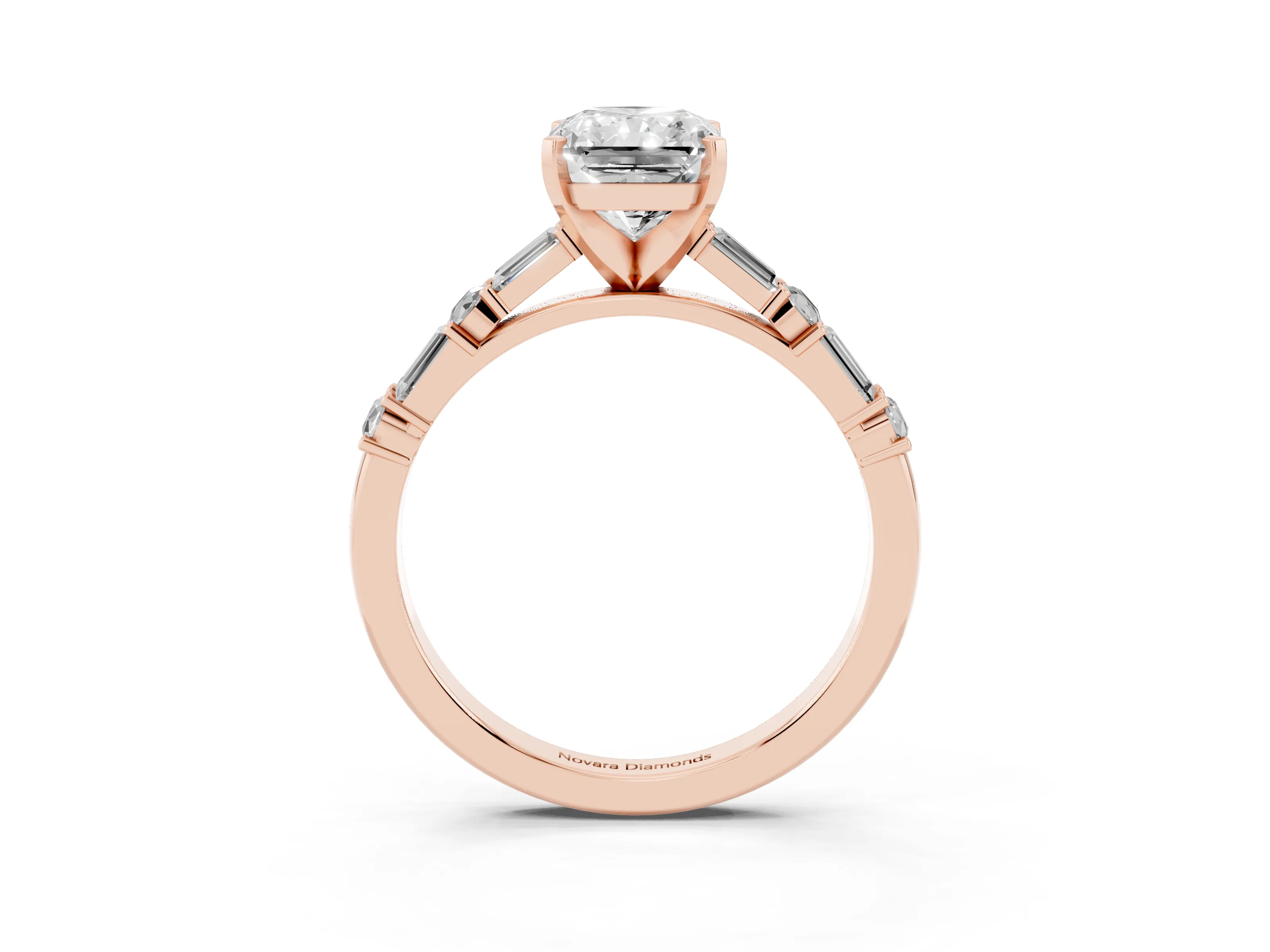 Radiant Cut Diamond Solitaire Set in Rose gold with Side Baguettes and Channel Set Band