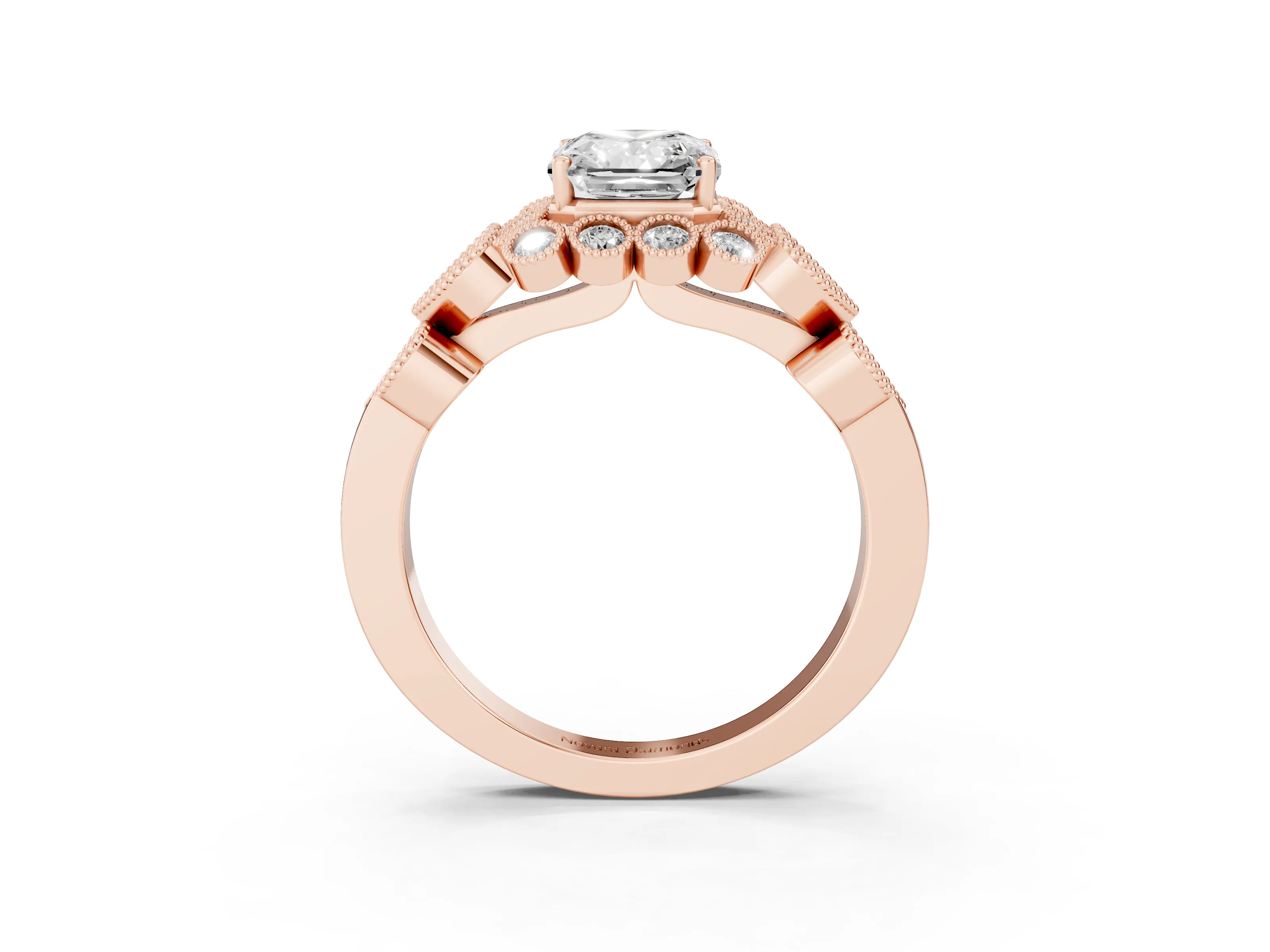 Radiant Cut Diamond Solitaire Ring Set in Rose gold with Milgrain Pavé Heart Band