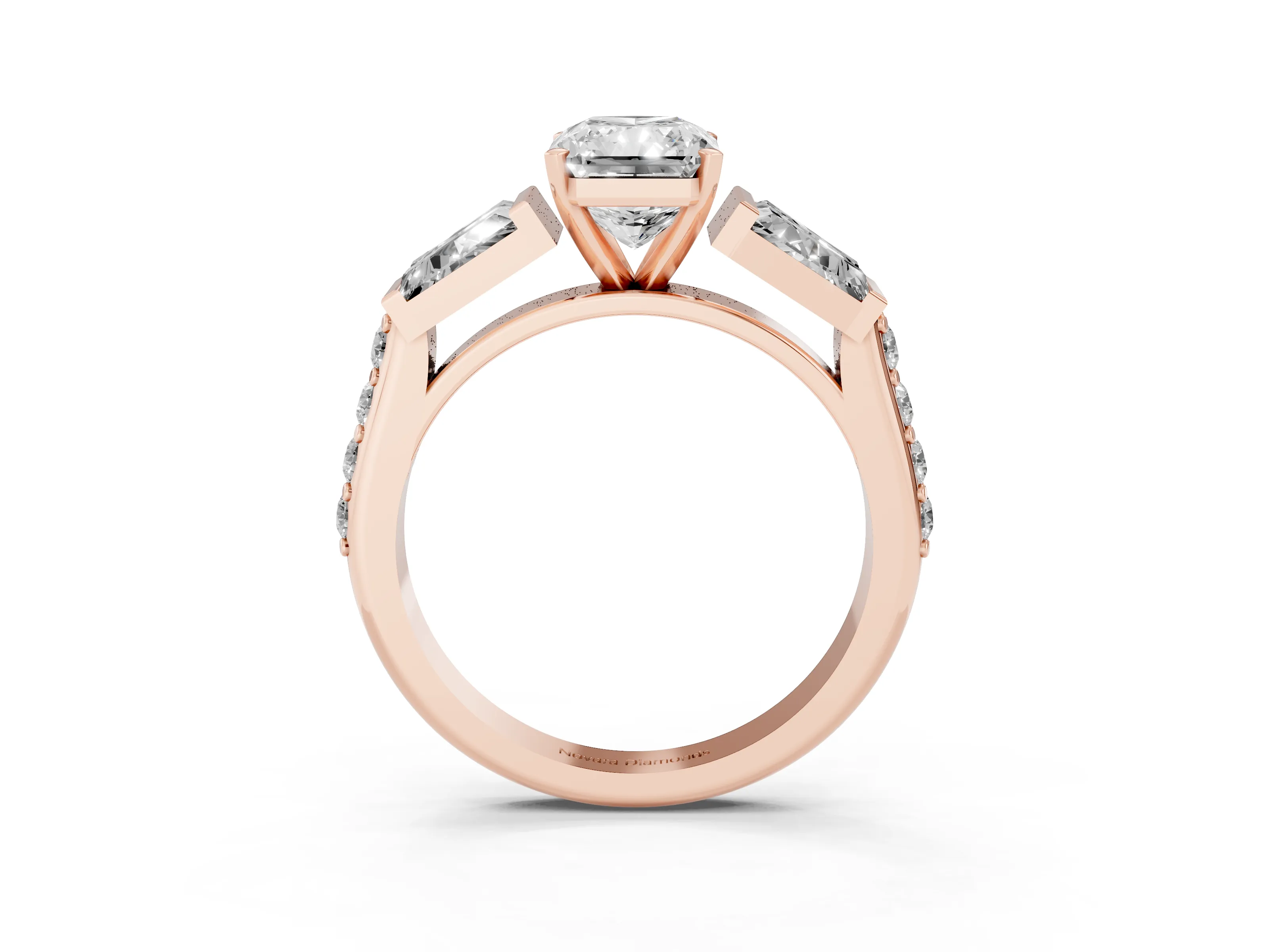 Radiant Cut Diamond Engagement Ring Set in Rose gold with Baguette Side Stones and Channel Set Band
