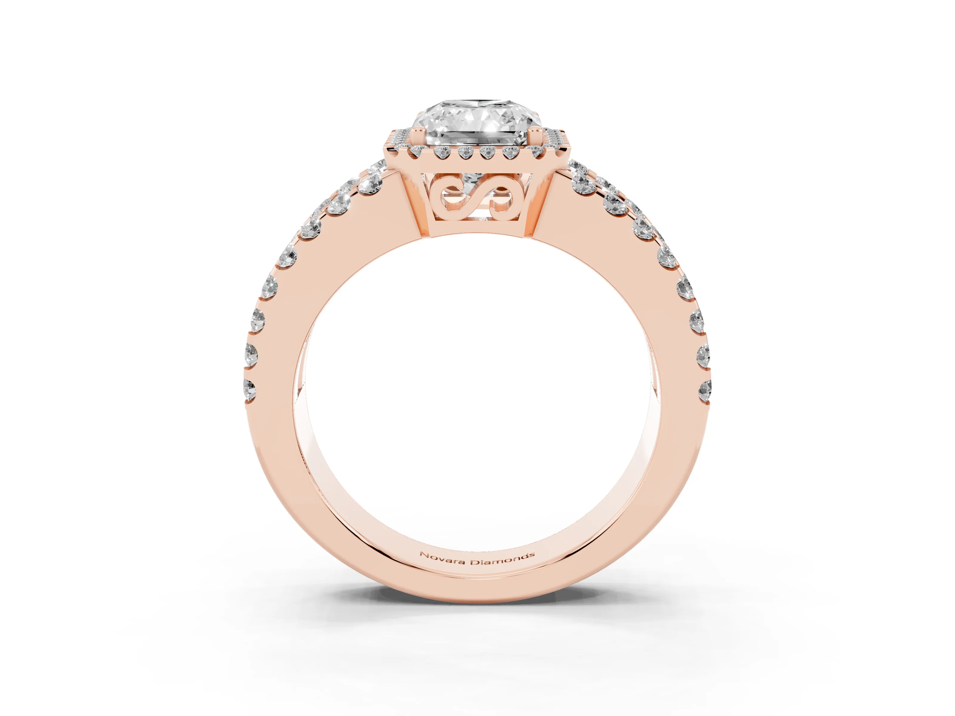 Radiant Cut Diamond Halo Ring Set in Rose gold with Pavé Split Shank and Prong Setting