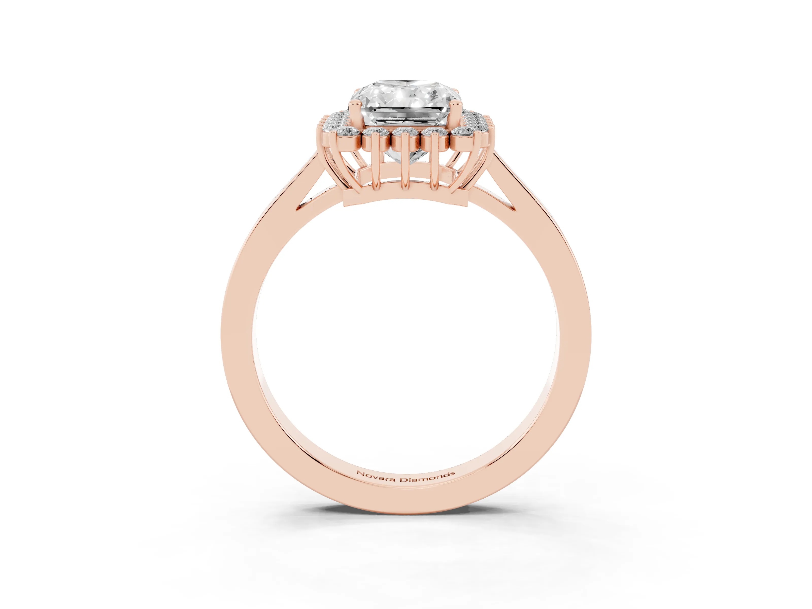 Radiant Cut Diamond Halo Ring Set in Rose gold with Round Halo and Smooth Solitaire Band