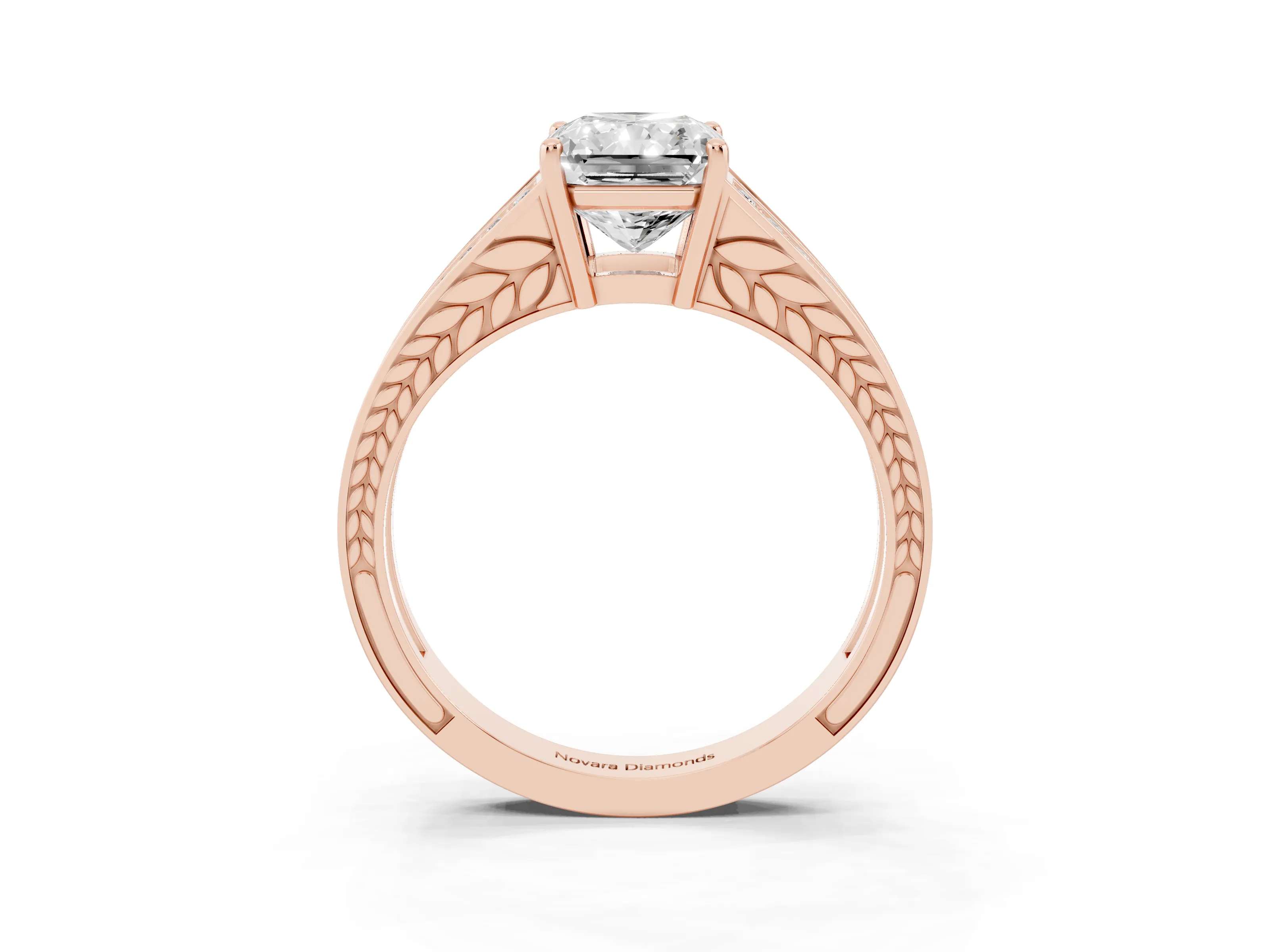Radiant Cut Diamond Split Shank Ring Set in Rose gold with Pavé Band and Prong Setting