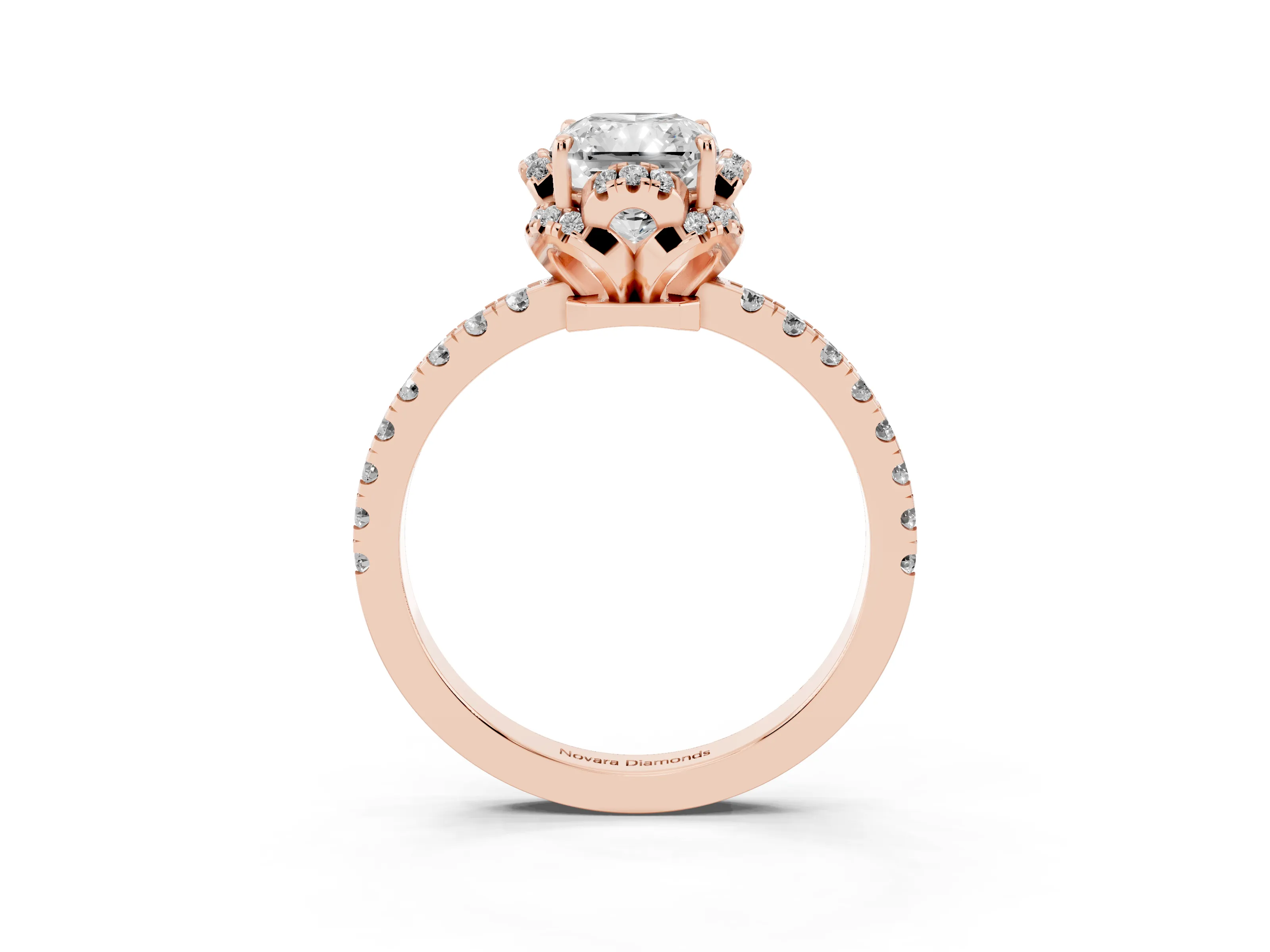 Radiant Cut Diamond Halo Pavé Band Ring Set in Rose gold with Prong-Held Center