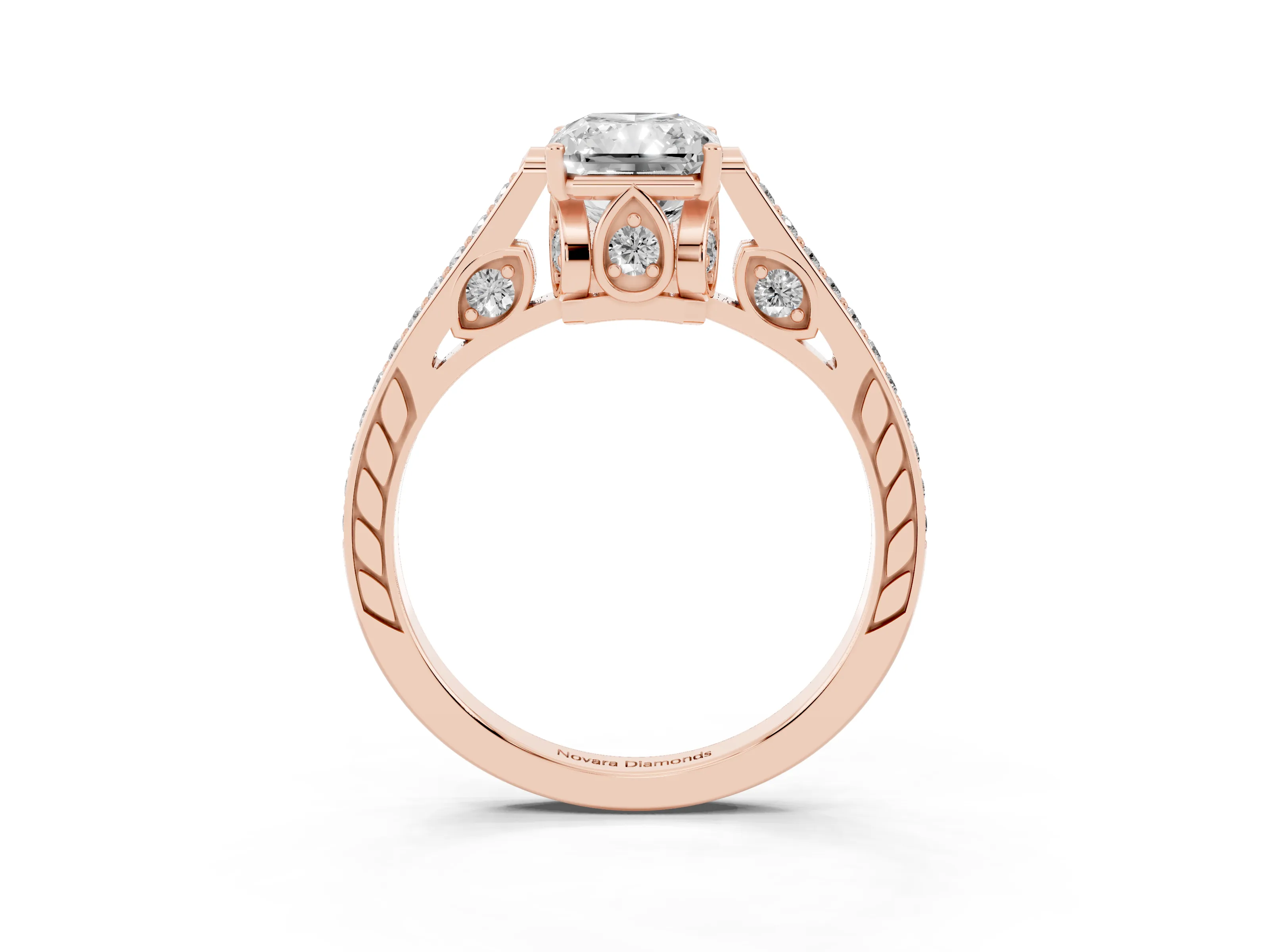 Radiant Cut Diamond Cathedral Pavé Engagement Ring Set in Rose gold with Prong Setting