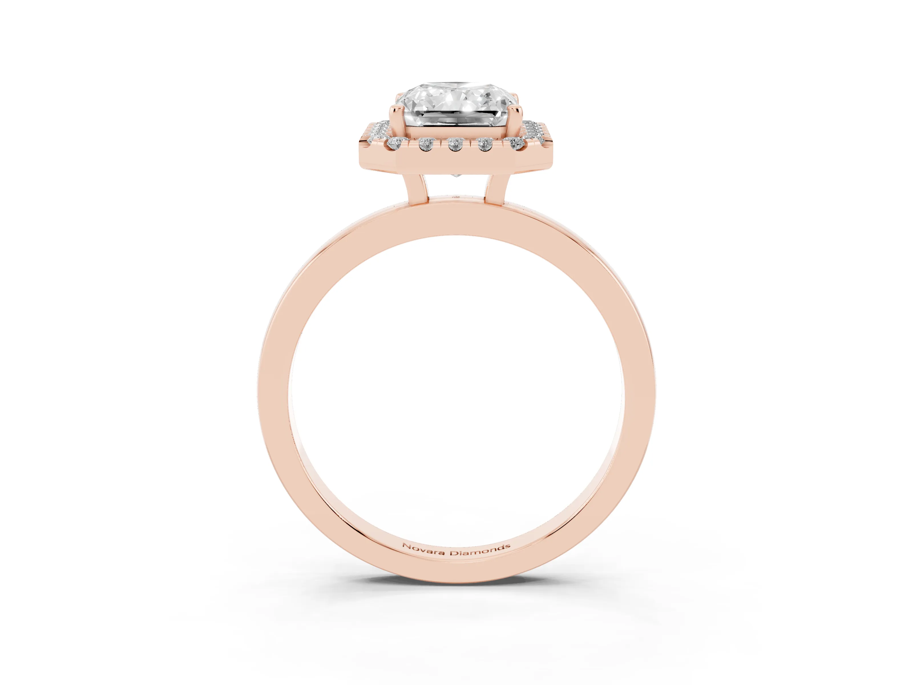 Radiant Cut Diamond Halo Solitaire Ring Set in Rose gold with Pavé Band and Prong Setting