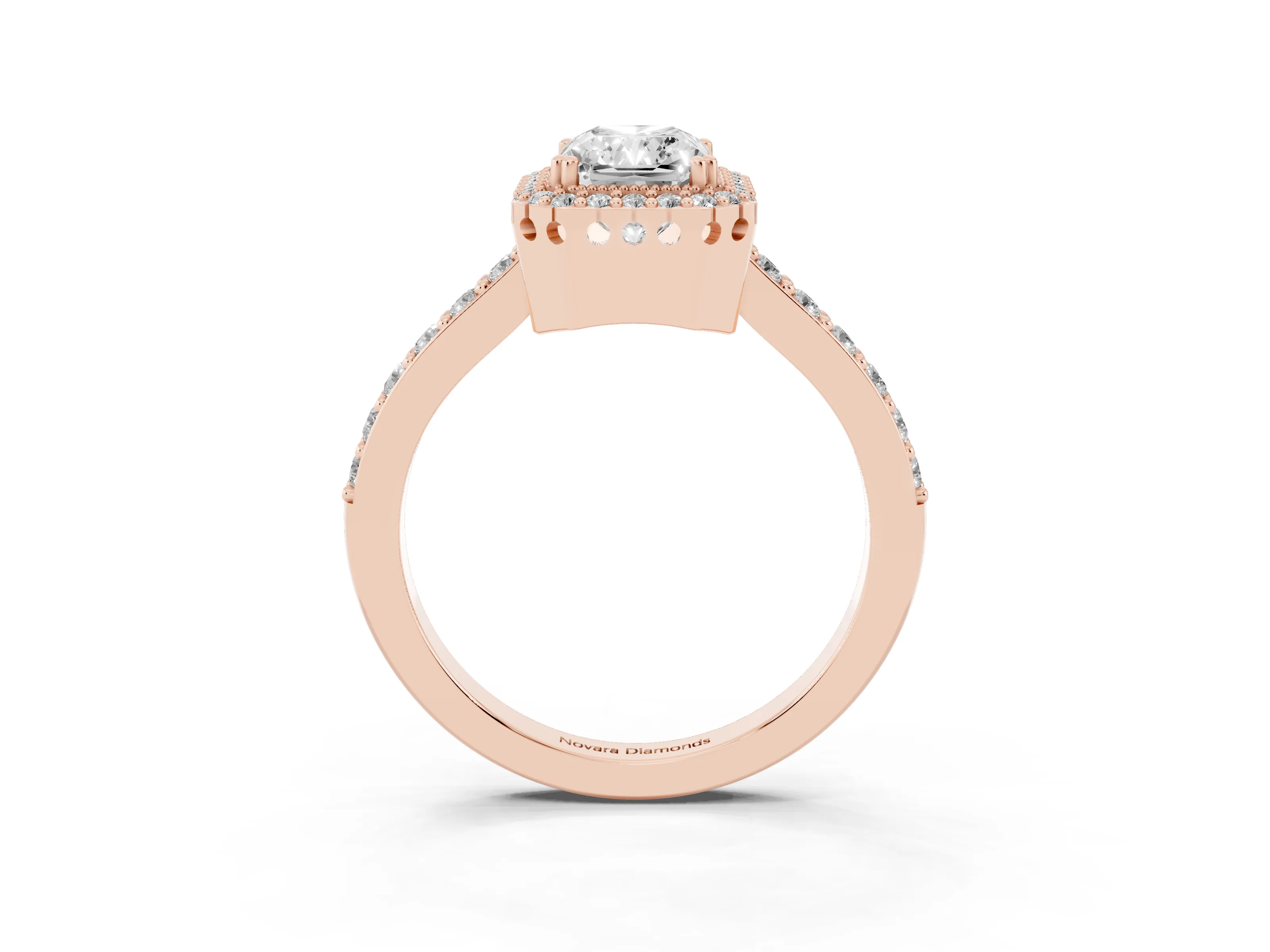 Radiant Cut Diamond Halo Engagement Ring Set in Rose gold with Milgrain Detail and Pavé Band