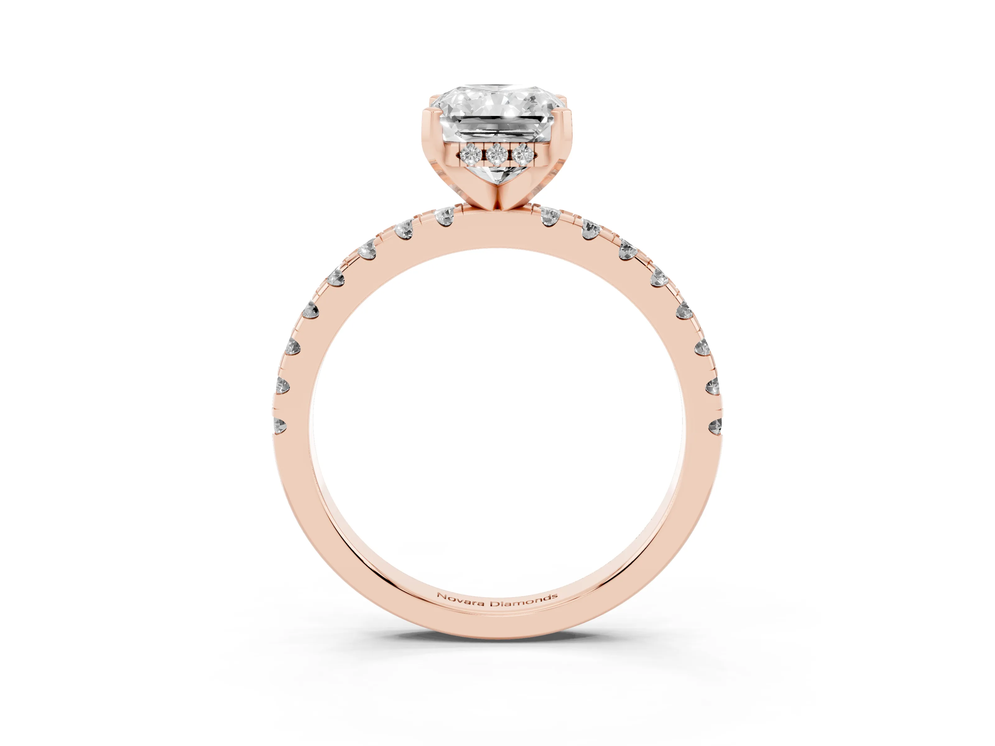 Radiant Cut Diamond Pavé Solitaire Ring Set in Rose gold with Round Band Accents and Prong Setting
