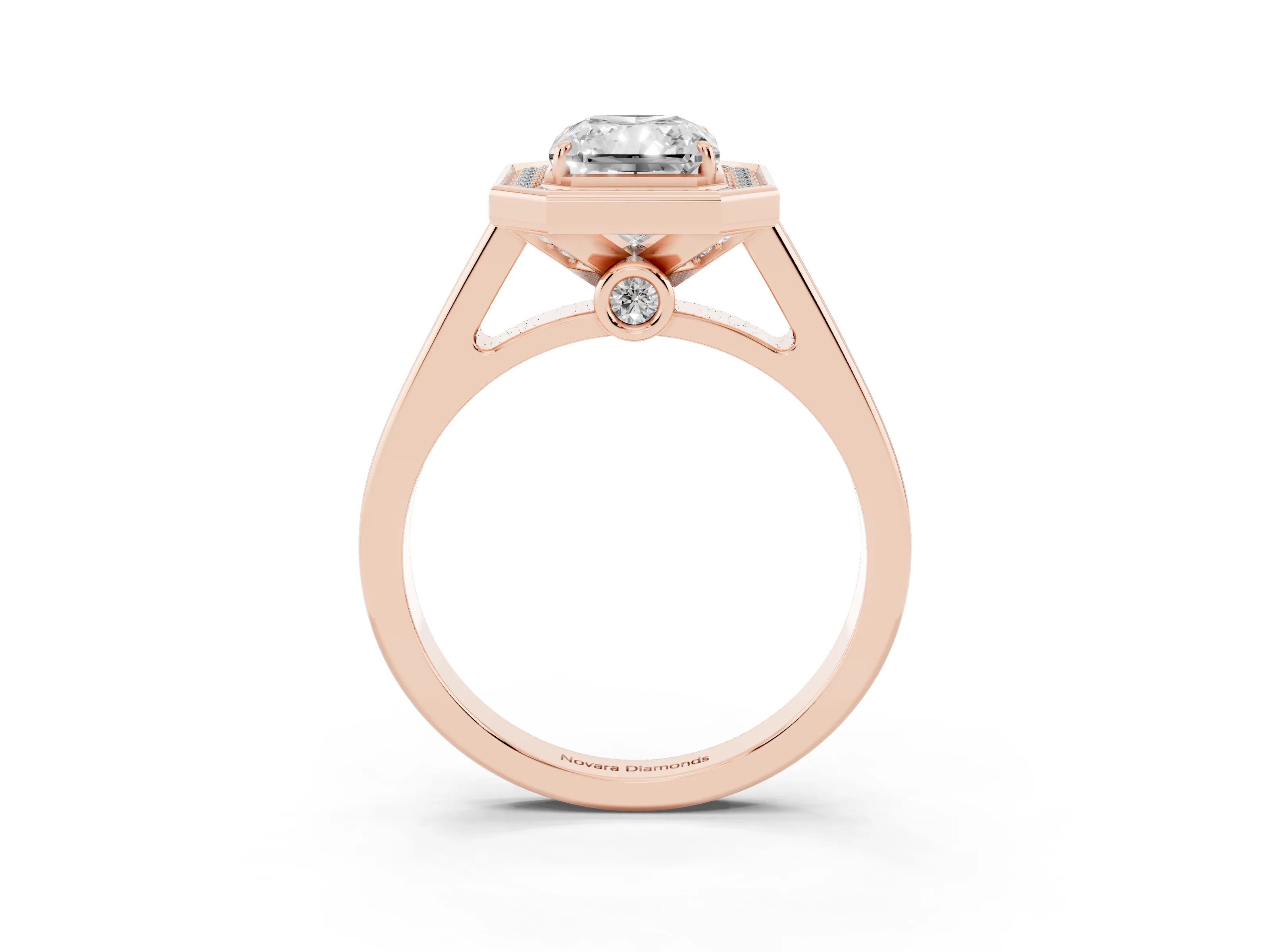 Radiant Cut Diamond Halo Solitaire Ring Set in Rose gold with Pavé Band and Bezel Setting