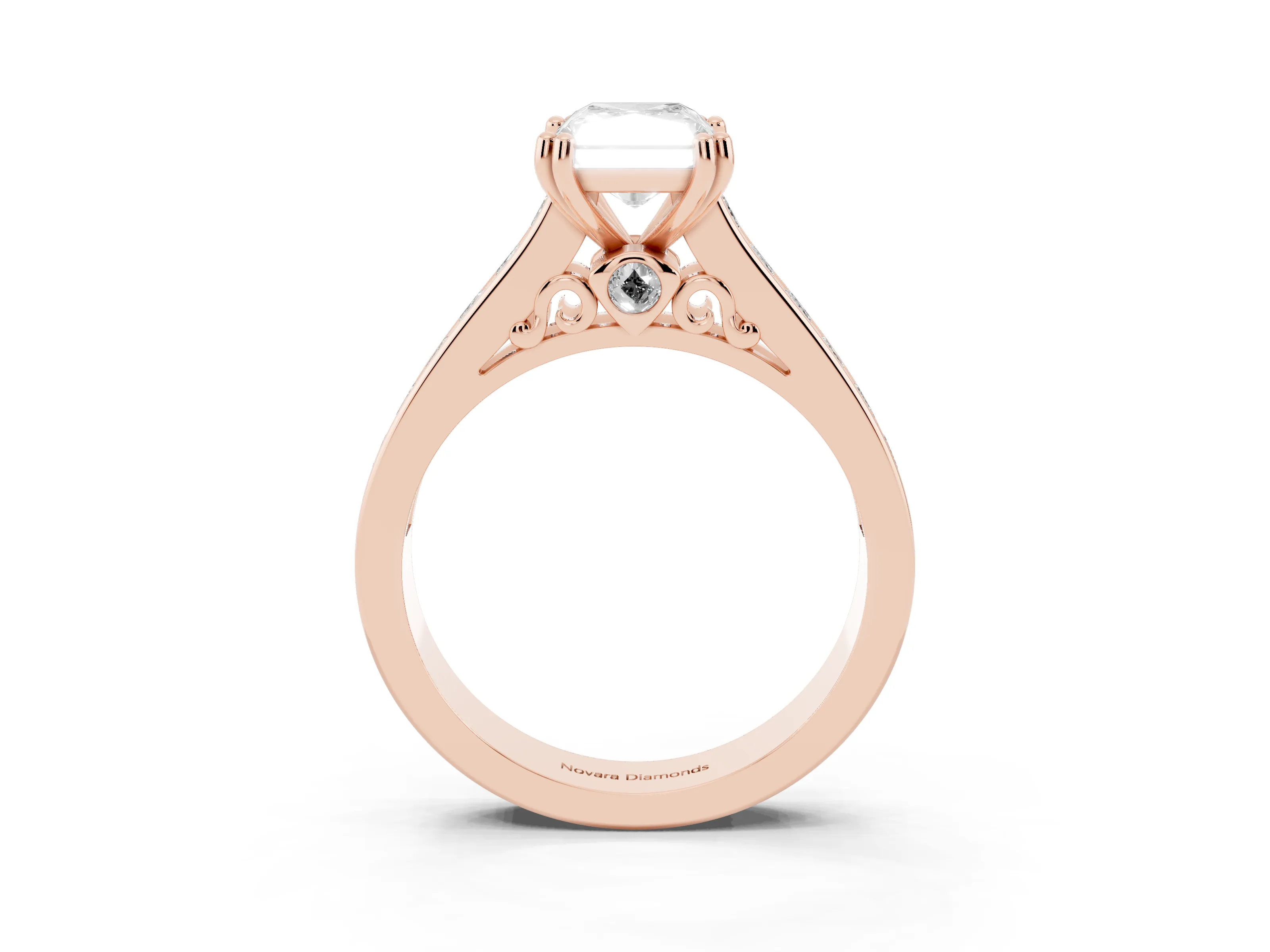 Radiant Cut Cathedral Channel Set Engagement Ring Setting | Double Claw Prongs | Rose Gold