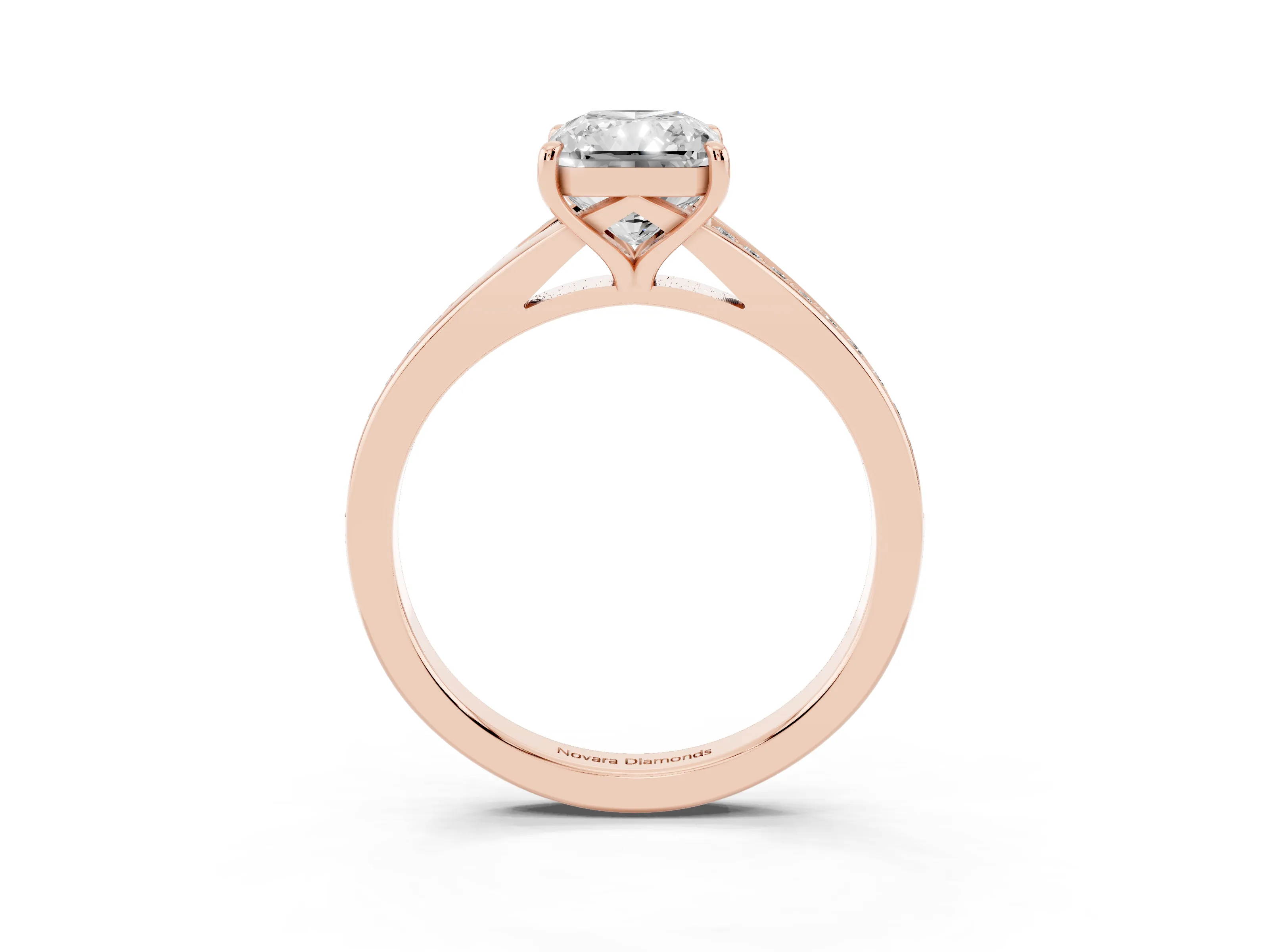 Radiant Cut Diamond Solitaire Ring Set in Rose gold with Pavé Accent Band and Classic Prong Setting