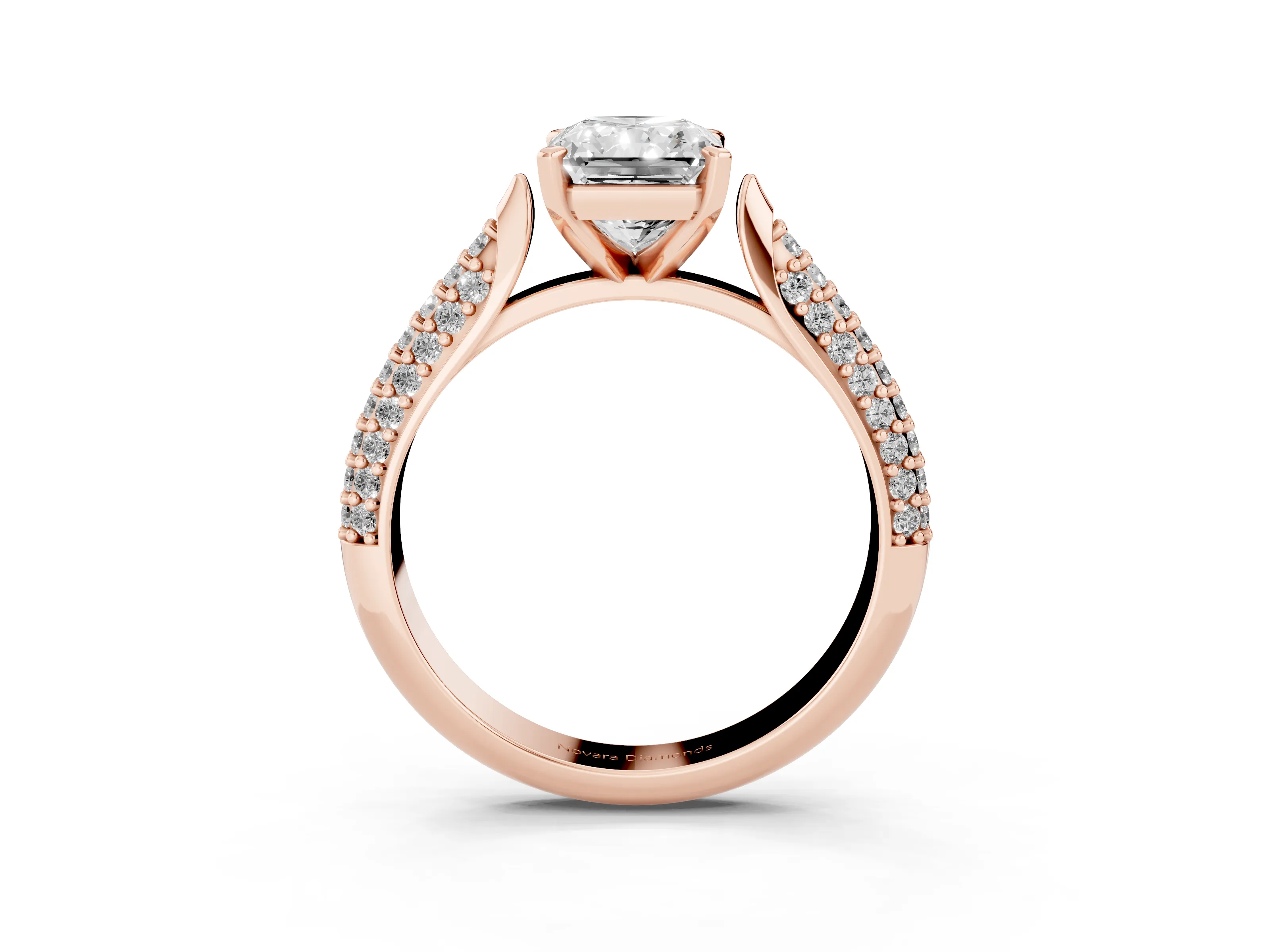 Radiant Cut Diamond Solitaire Engagement Ring Set in Rose gold with Multi-Row Round Pavé Band and Prong Setting