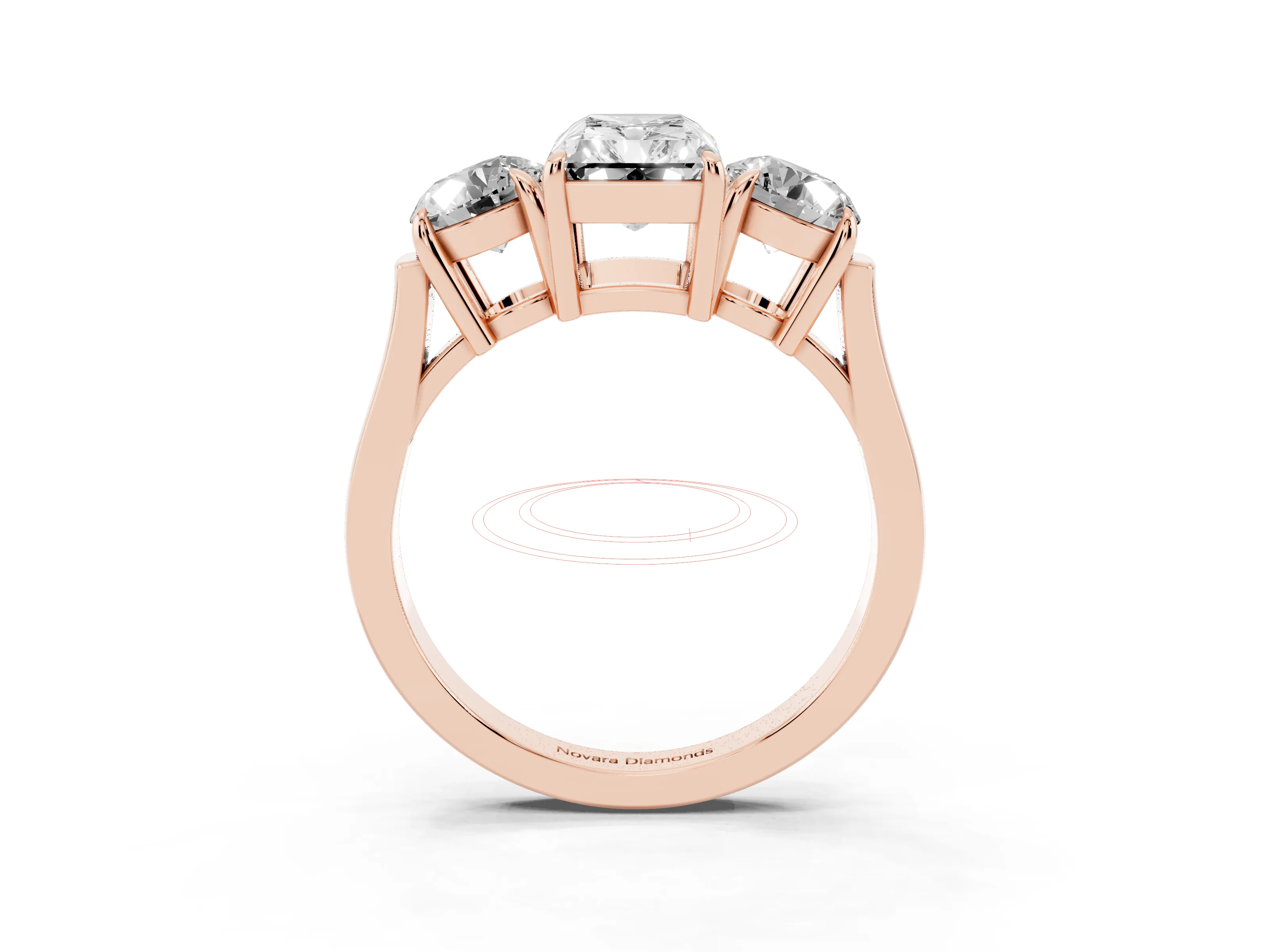 Radiant Cut Diamond Three-Stone Ring Set in Rose gold with Round Accent Stones and Plain Band
