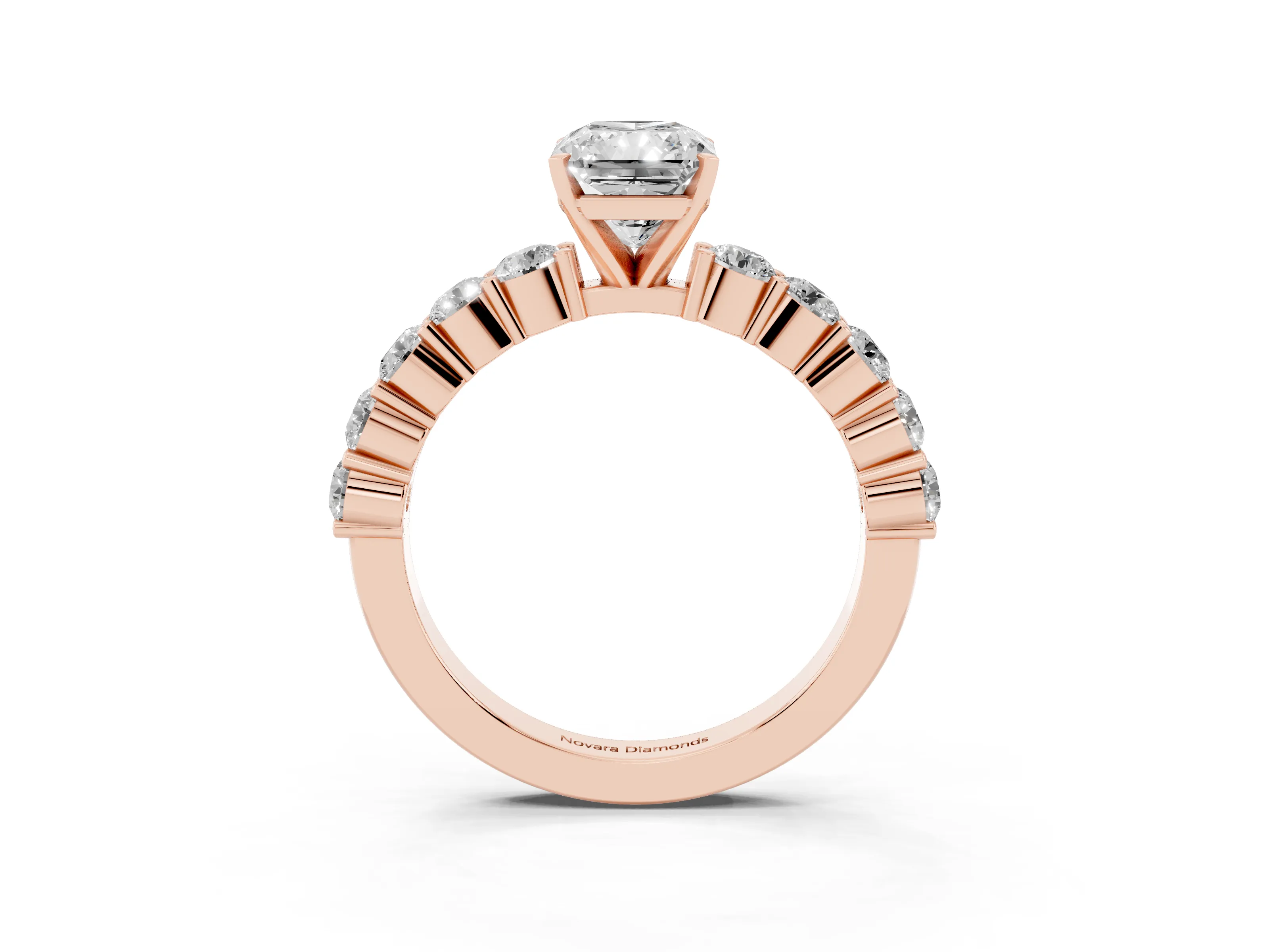 Radiant Cut Diamond Solitaire Ring Set in Rose gold with Shared Prong Round Side Stones