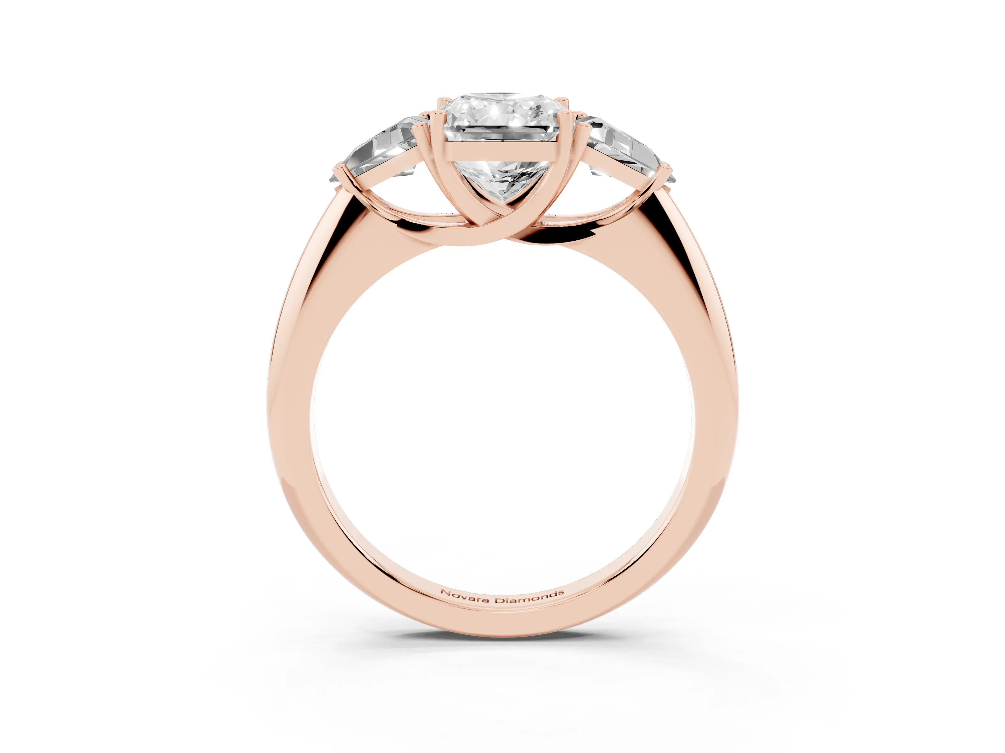 Radiant Cut Diamond Three-Stone Engagement Ring Set in Rose gold with Trillion Side Stones