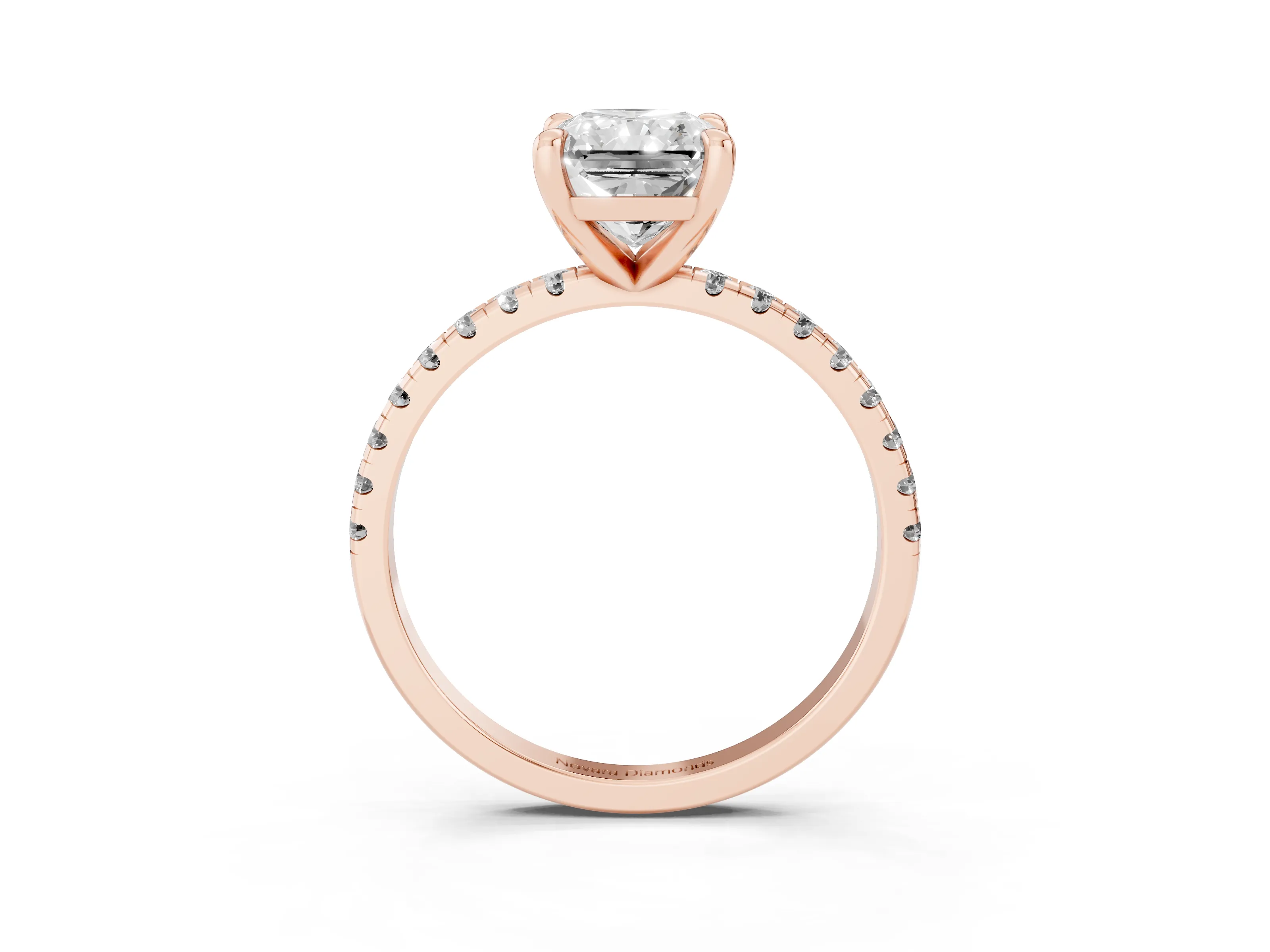 Radiant Cut Diamond Brilliant Solitaire Ring Set in Rose gold with Pavé Band and Prong Setting
